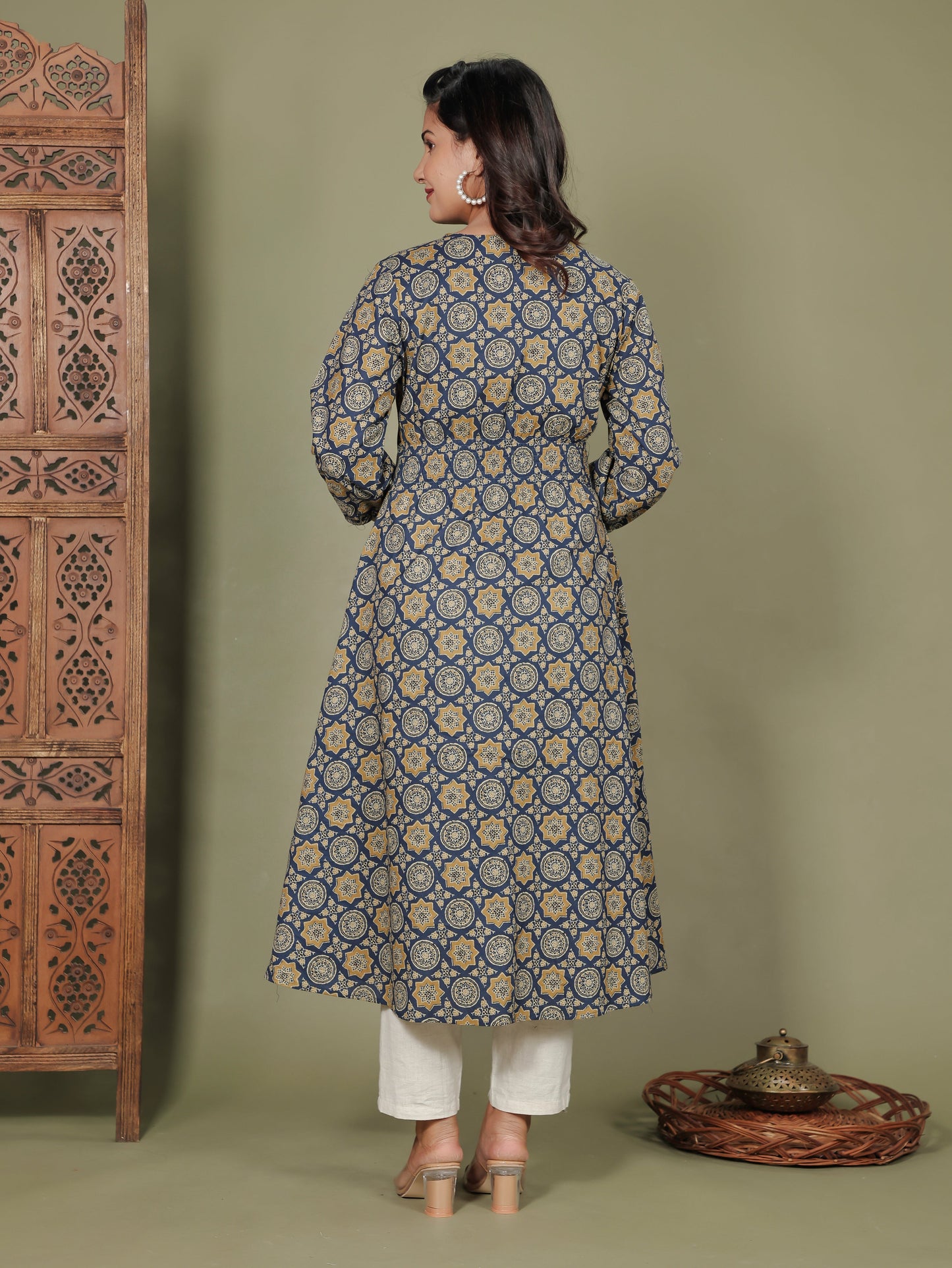 Soft Cotton Geometric Flared Blue Dress