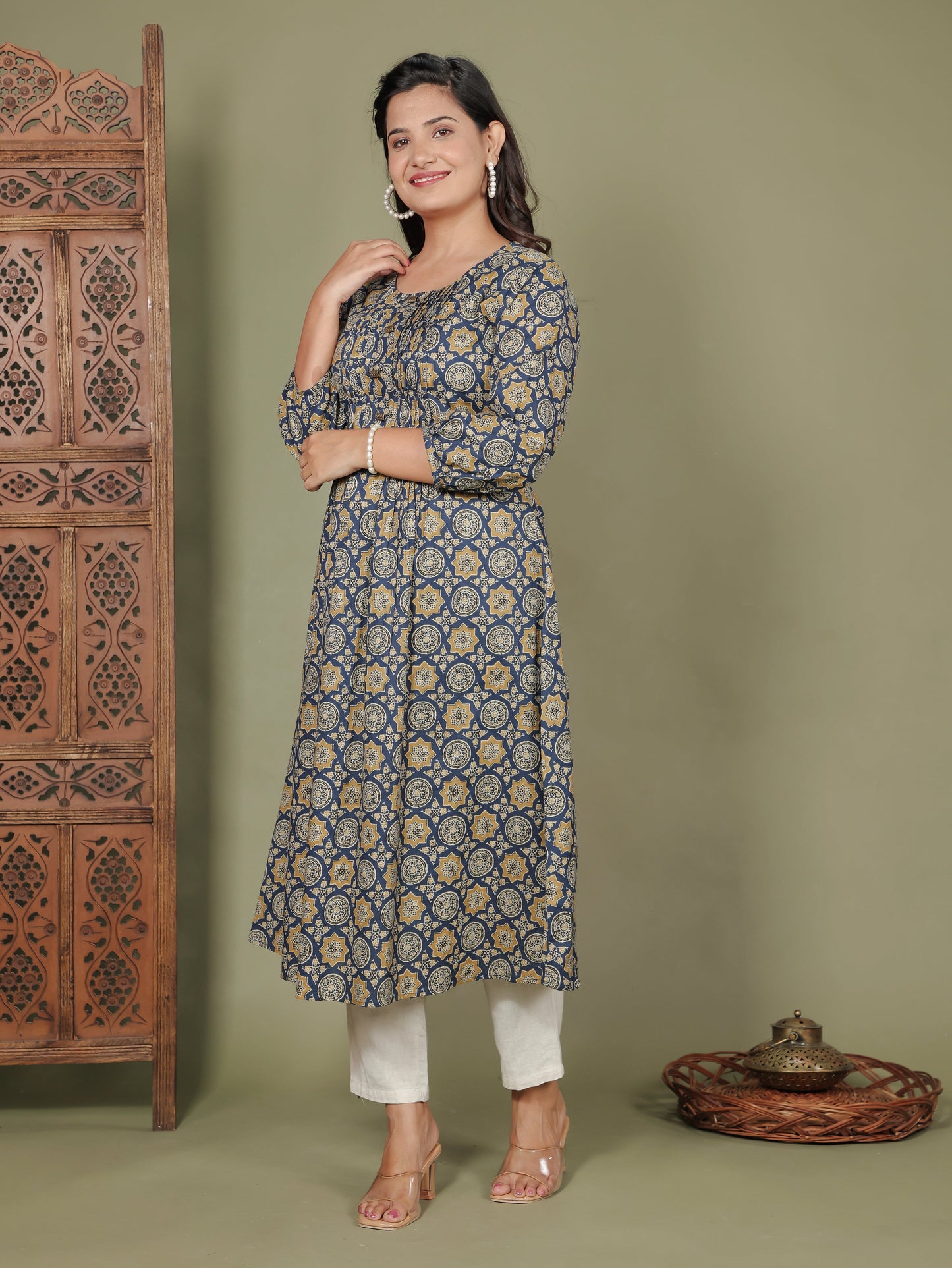 Soft Cotton Geometric Flared Blue Dress