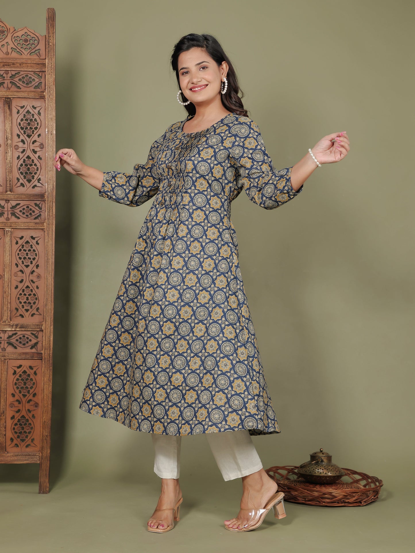 Soft Cotton Geometric Flared Blue Dress