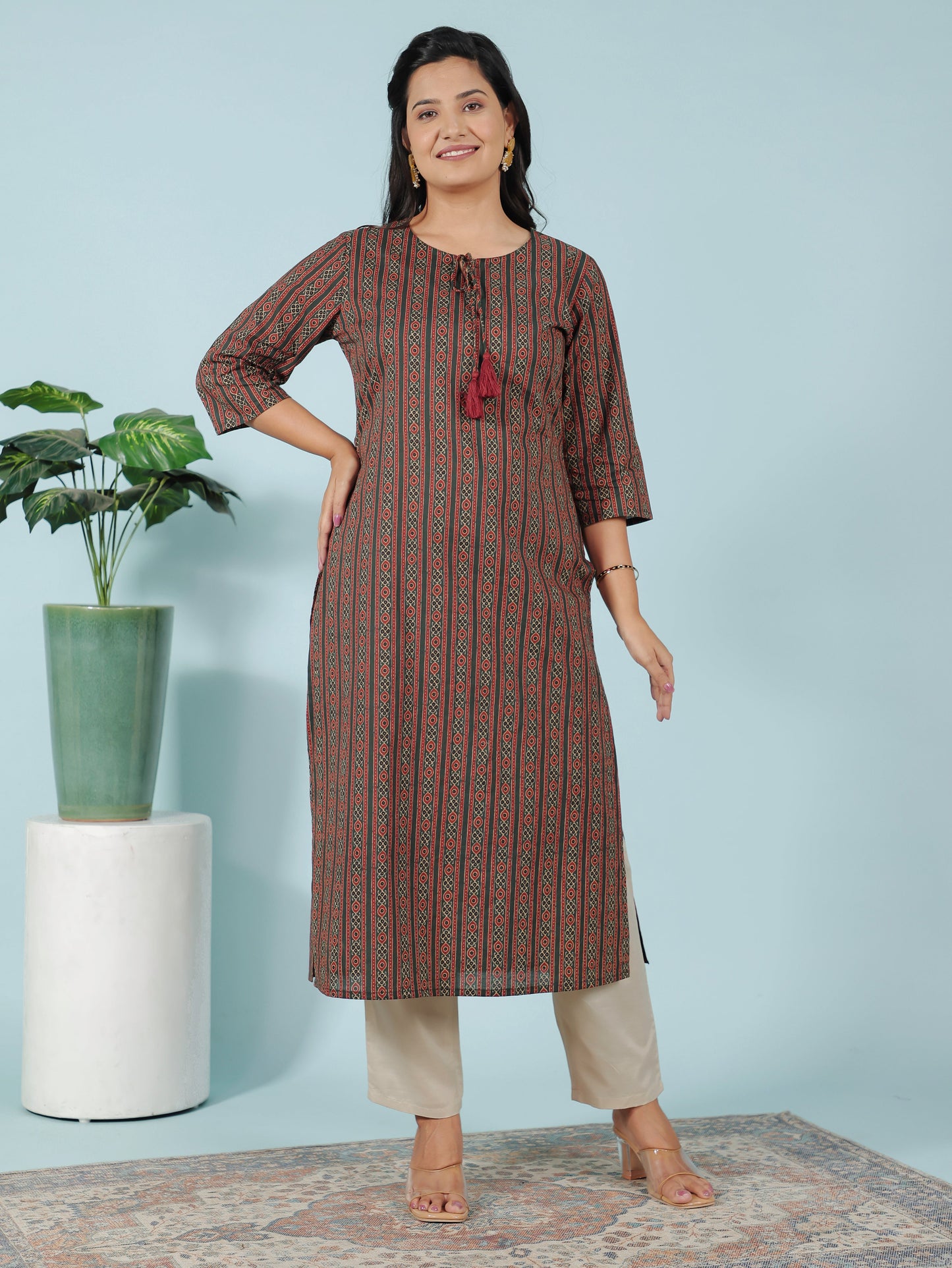 Soft Cotton Striped Straight Green Kurti