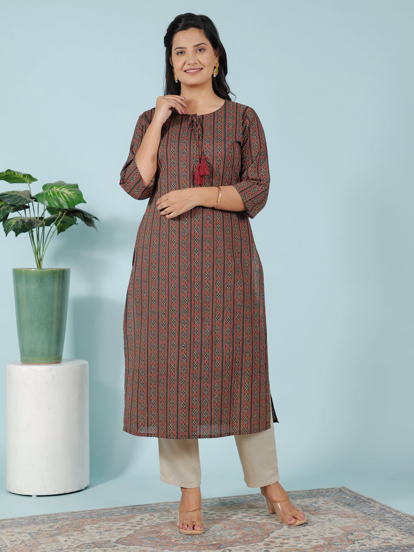 Soft Cotton Striped Straight Green Kurti