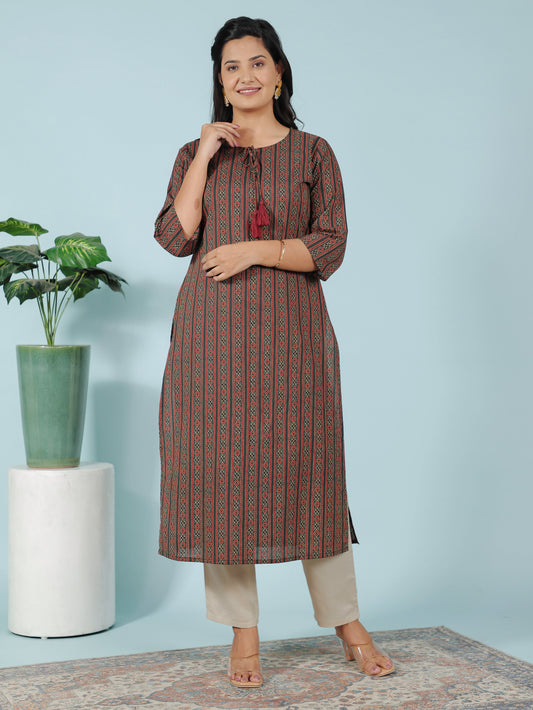 Soft Cotton Striped Straight Green Kurti