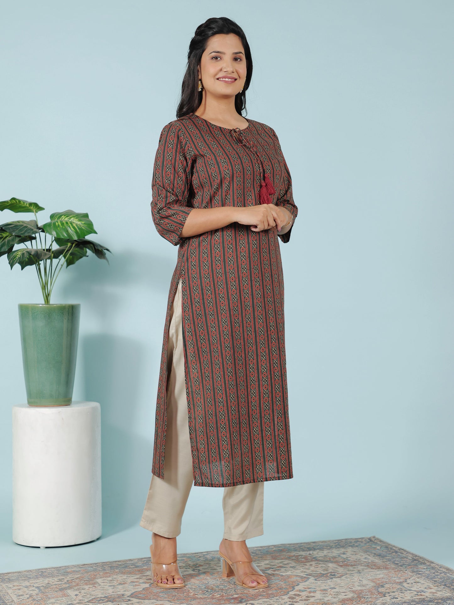 Soft Cotton Striped Straight Green Kurti