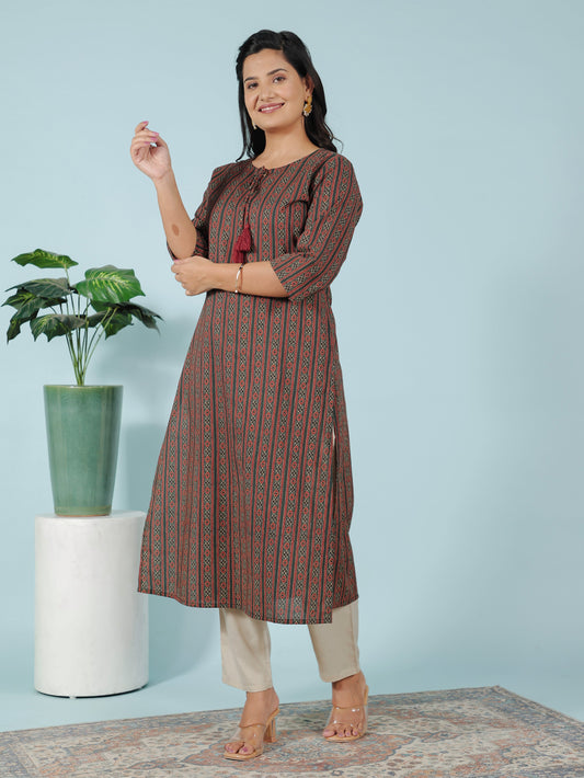 Soft Cotton Striped Straight Green Kurti