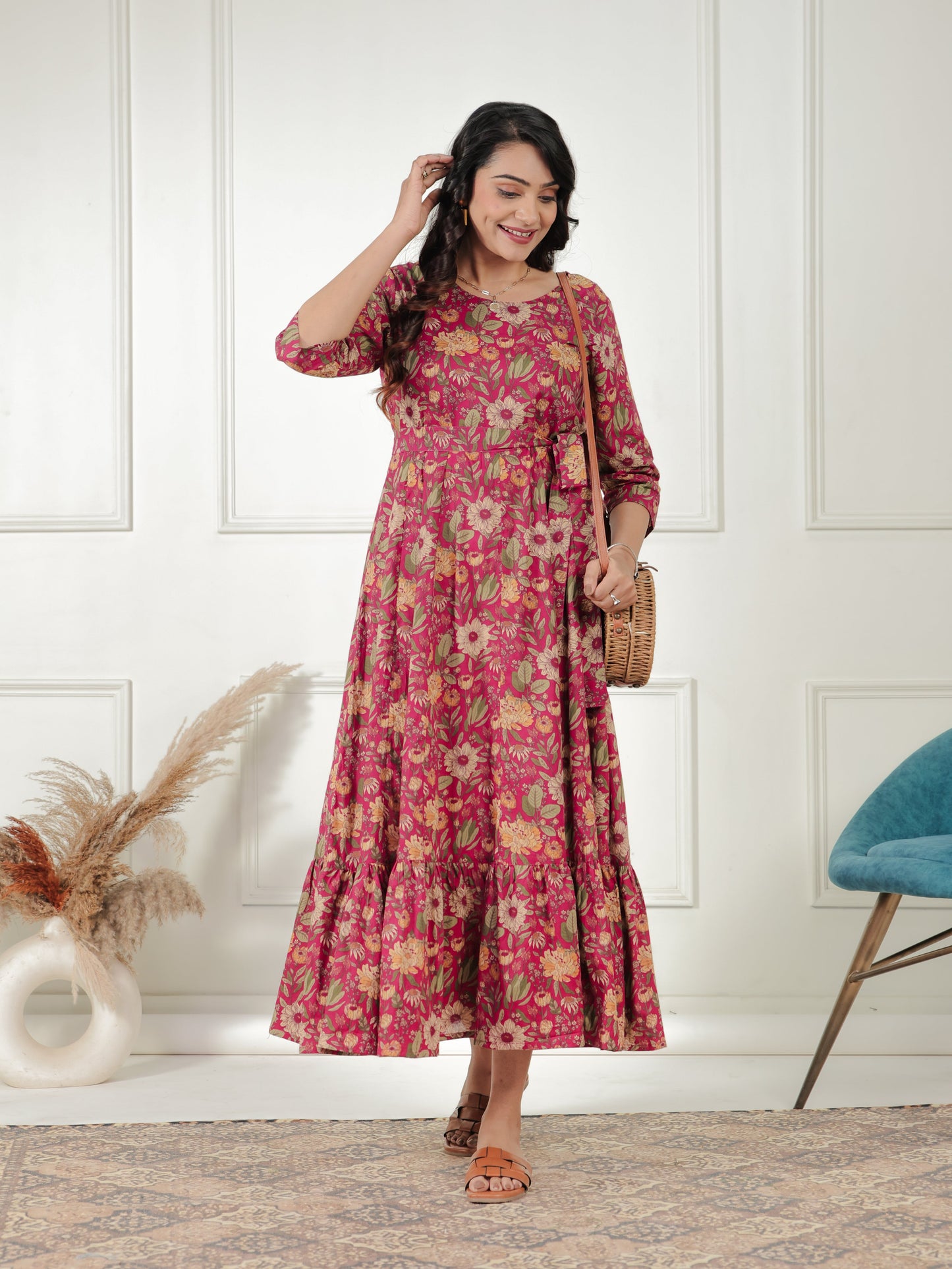 Soft Cotton Floral Anarkali Pink Dress