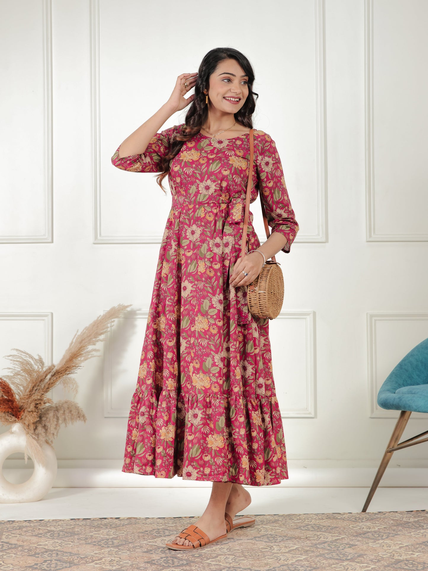 Soft Cotton Floral Anarkali Pink Dress