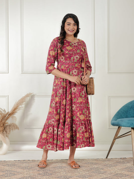 Soft Cotton Floral Anarkali Pink Dress