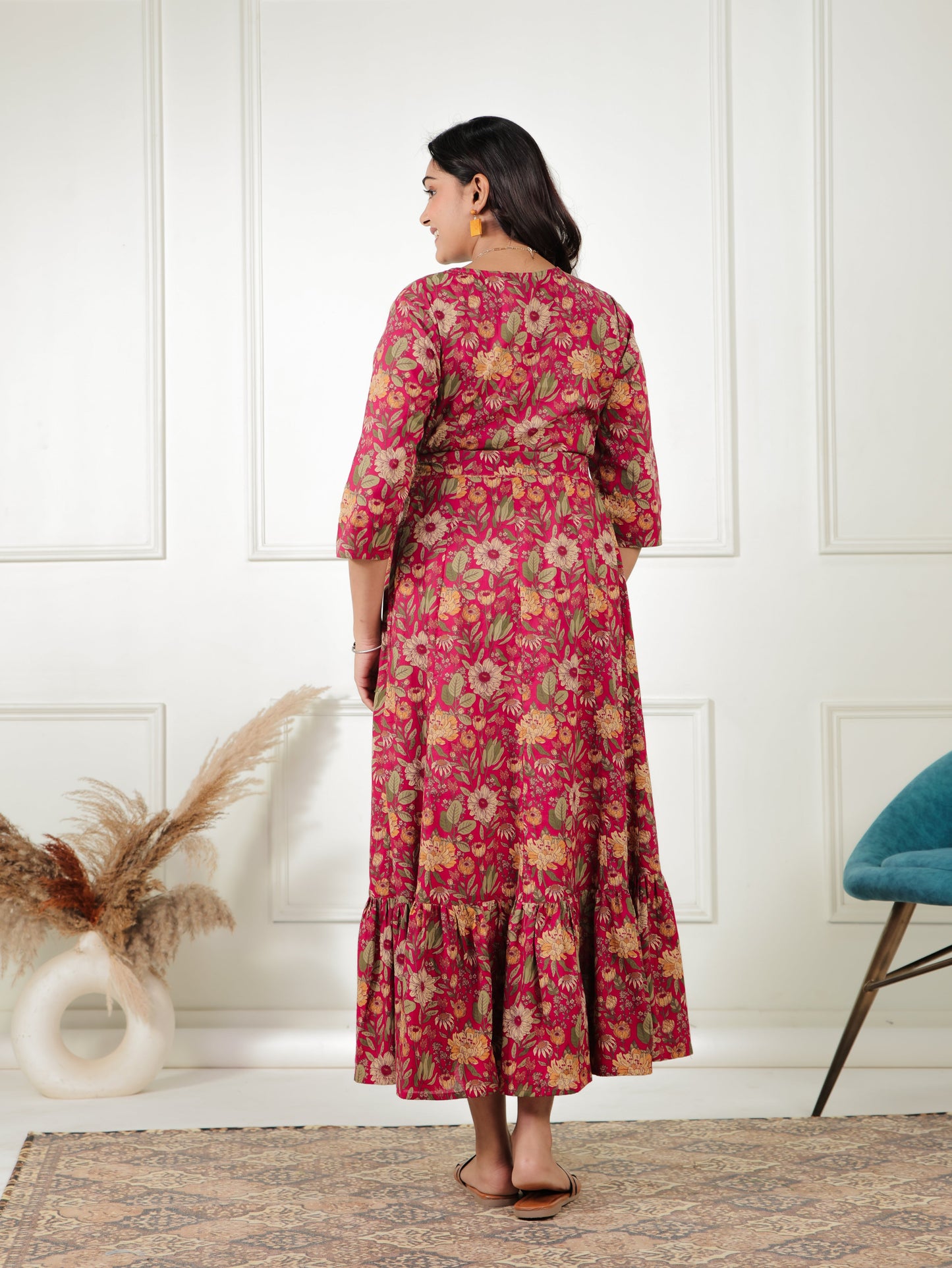 Soft Cotton Floral Anarkali Pink Dress