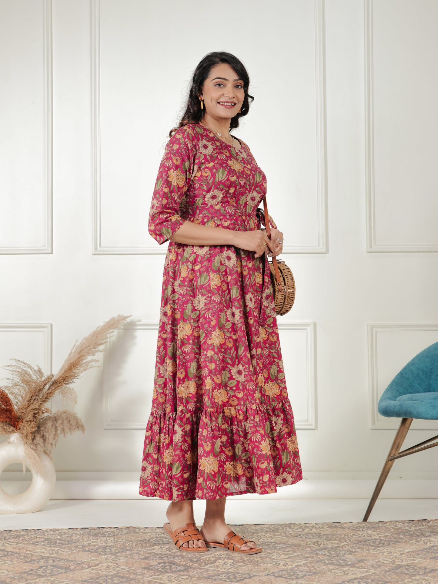 Soft Cotton Floral Anarkali Pink Dress