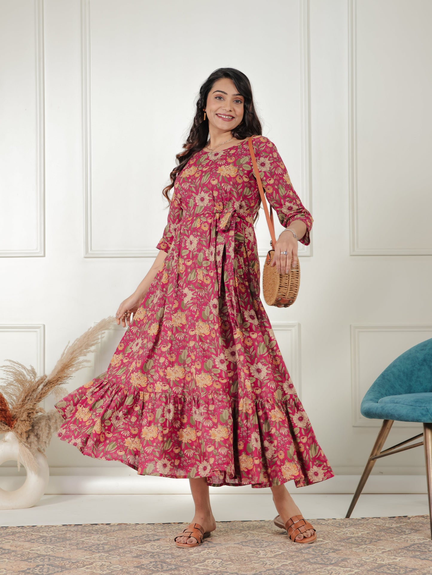 Soft Cotton Floral Anarkali Pink Dress