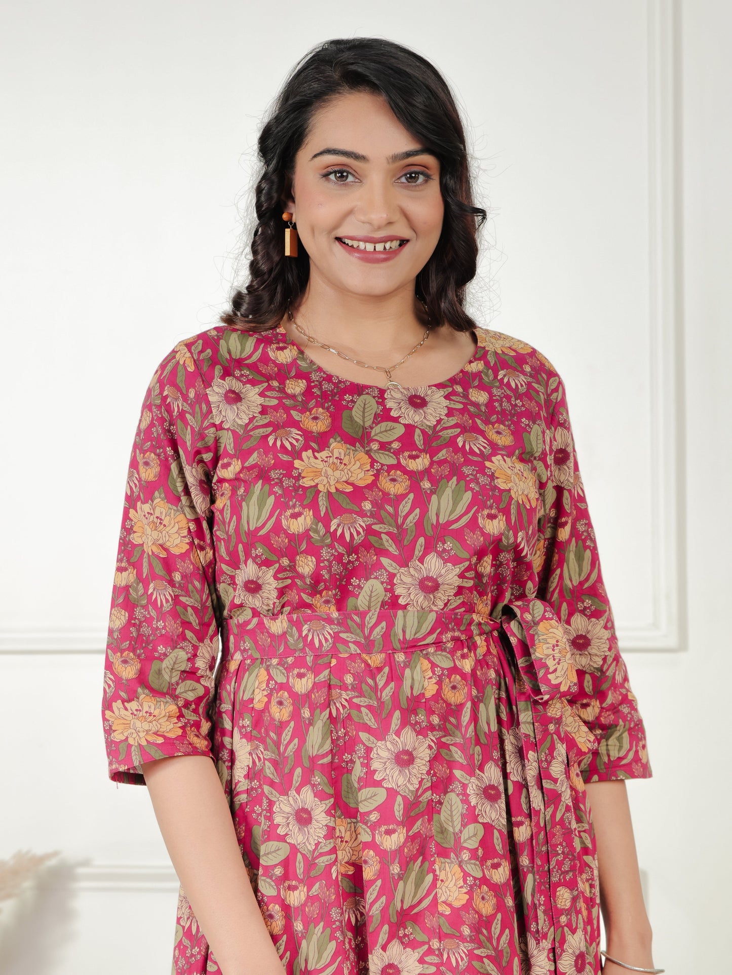 Soft Cotton Floral Anarkali Pink Dress