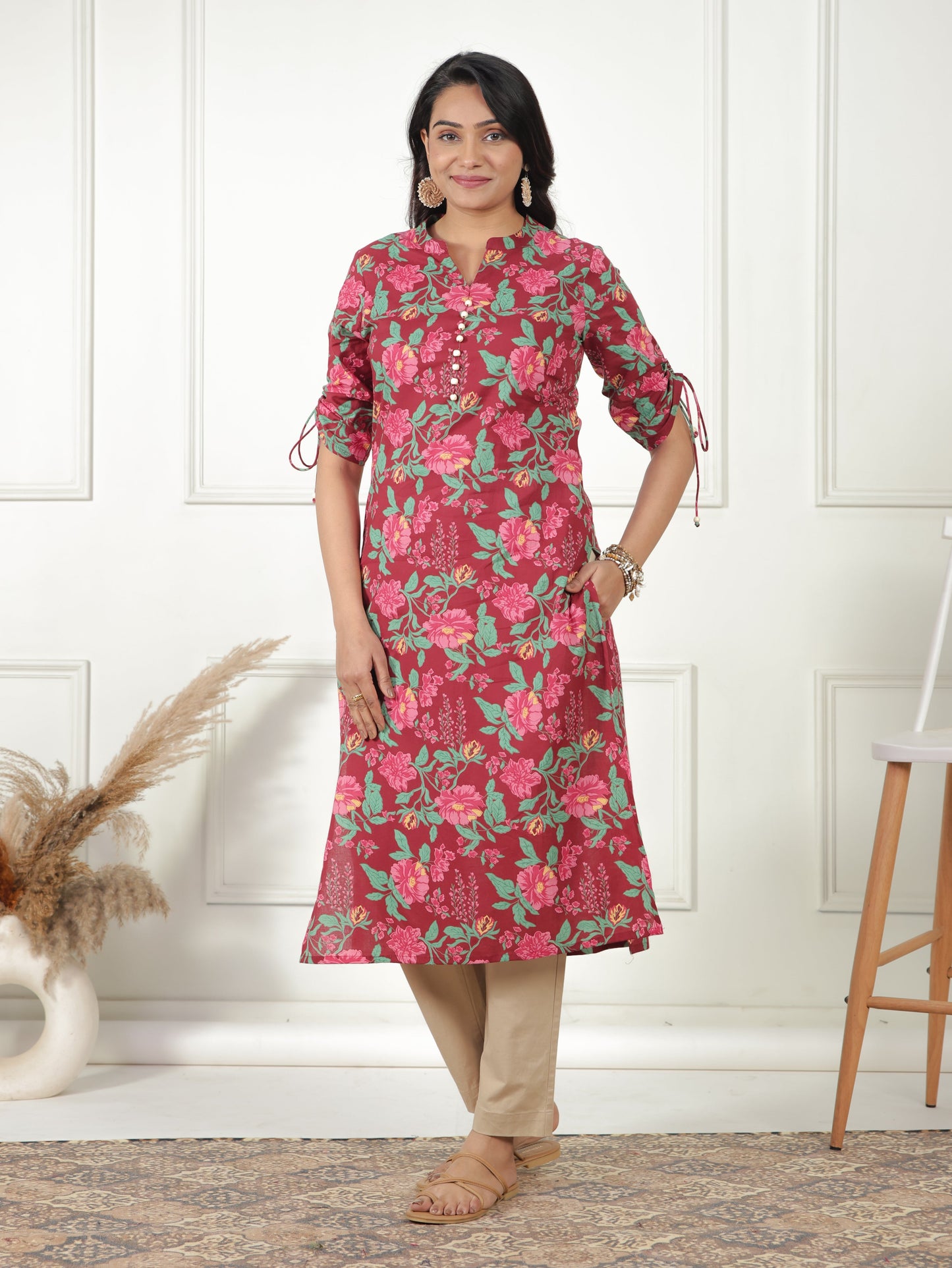 Soft Cotton Floral Straight Maroon Kurta