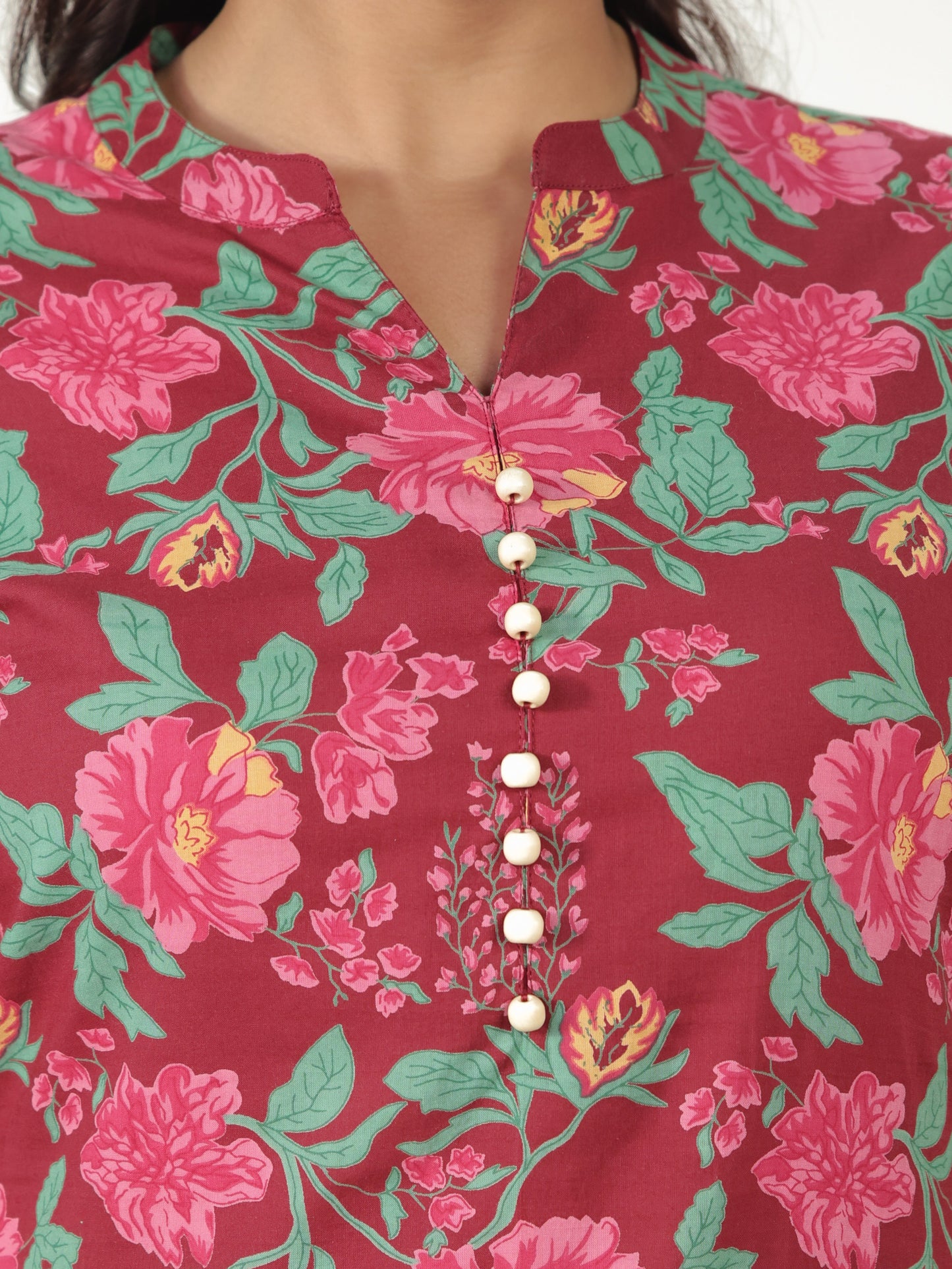 Soft Cotton Floral Straight Maroon Kurta