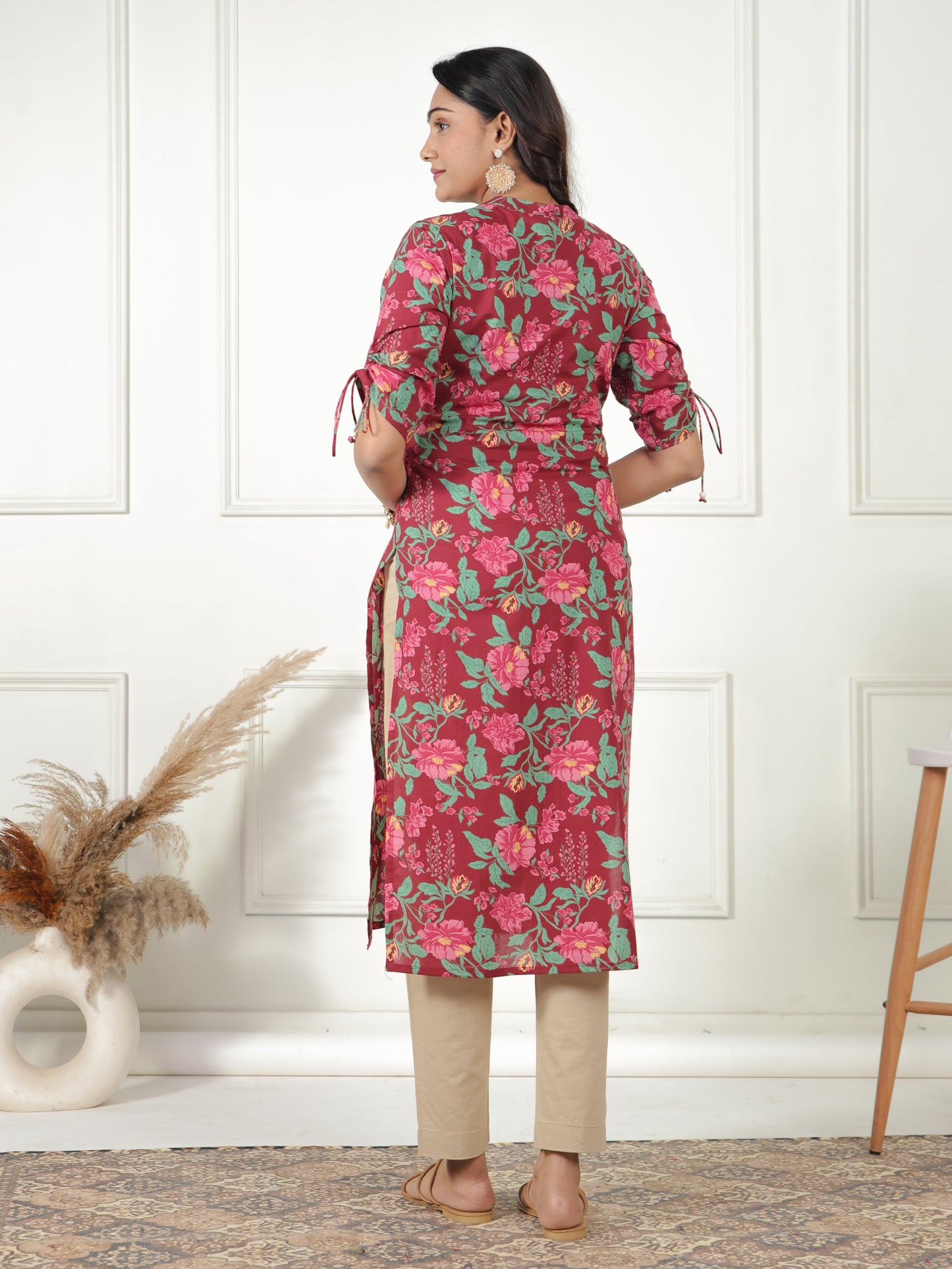 Soft Cotton Floral Straight Maroon Kurta