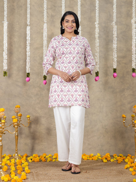 Soft Cotton Geometric Straight White Kurti