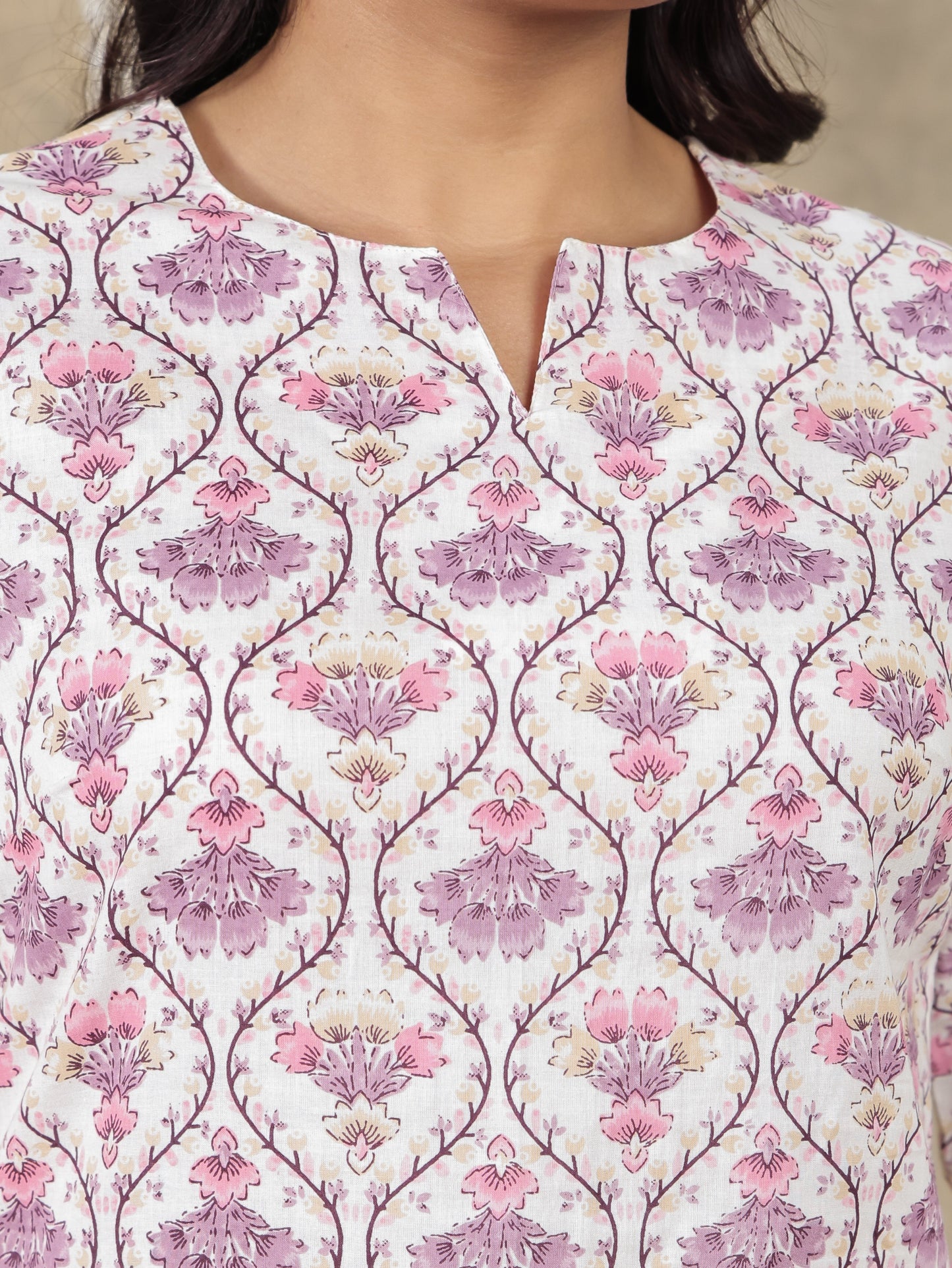 Soft Cotton Geometric Straight White Kurti
