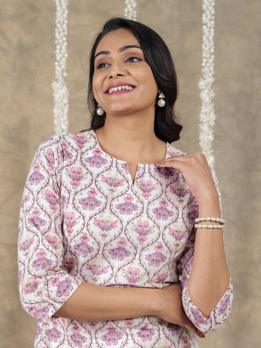 Soft Cotton Geometric Straight White Kurti