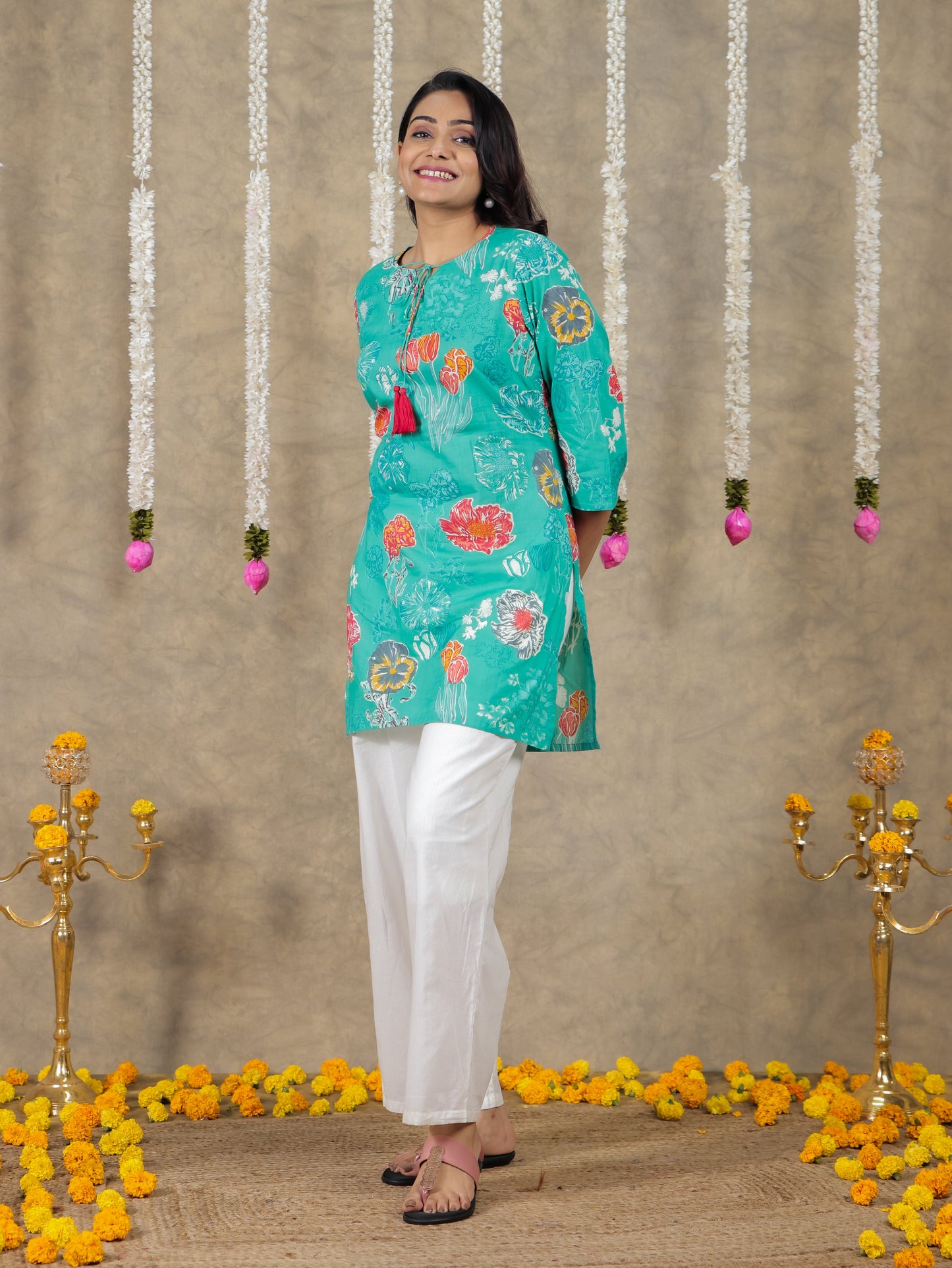 Soft Cotton Floral Straight Green Kurti