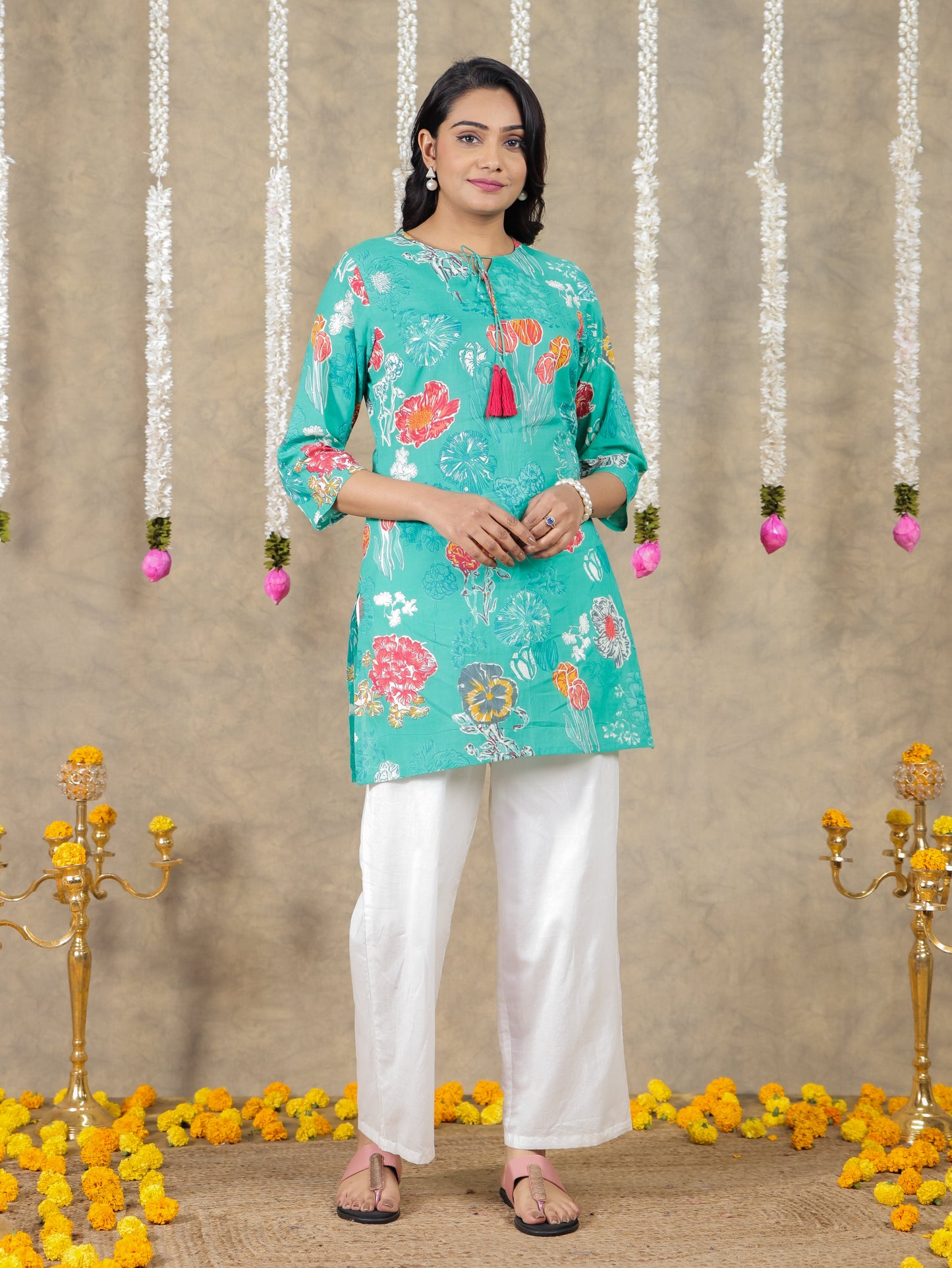 Soft Cotton Floral Straight Green Kurti