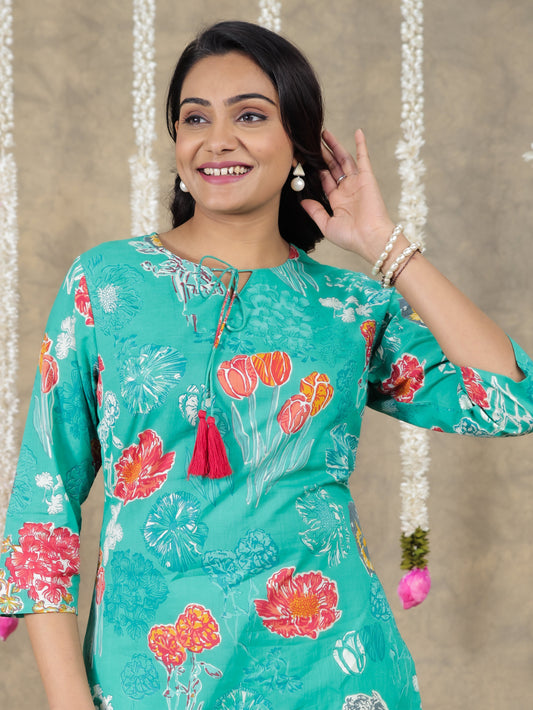 Soft Cotton Floral Straight Green Kurti