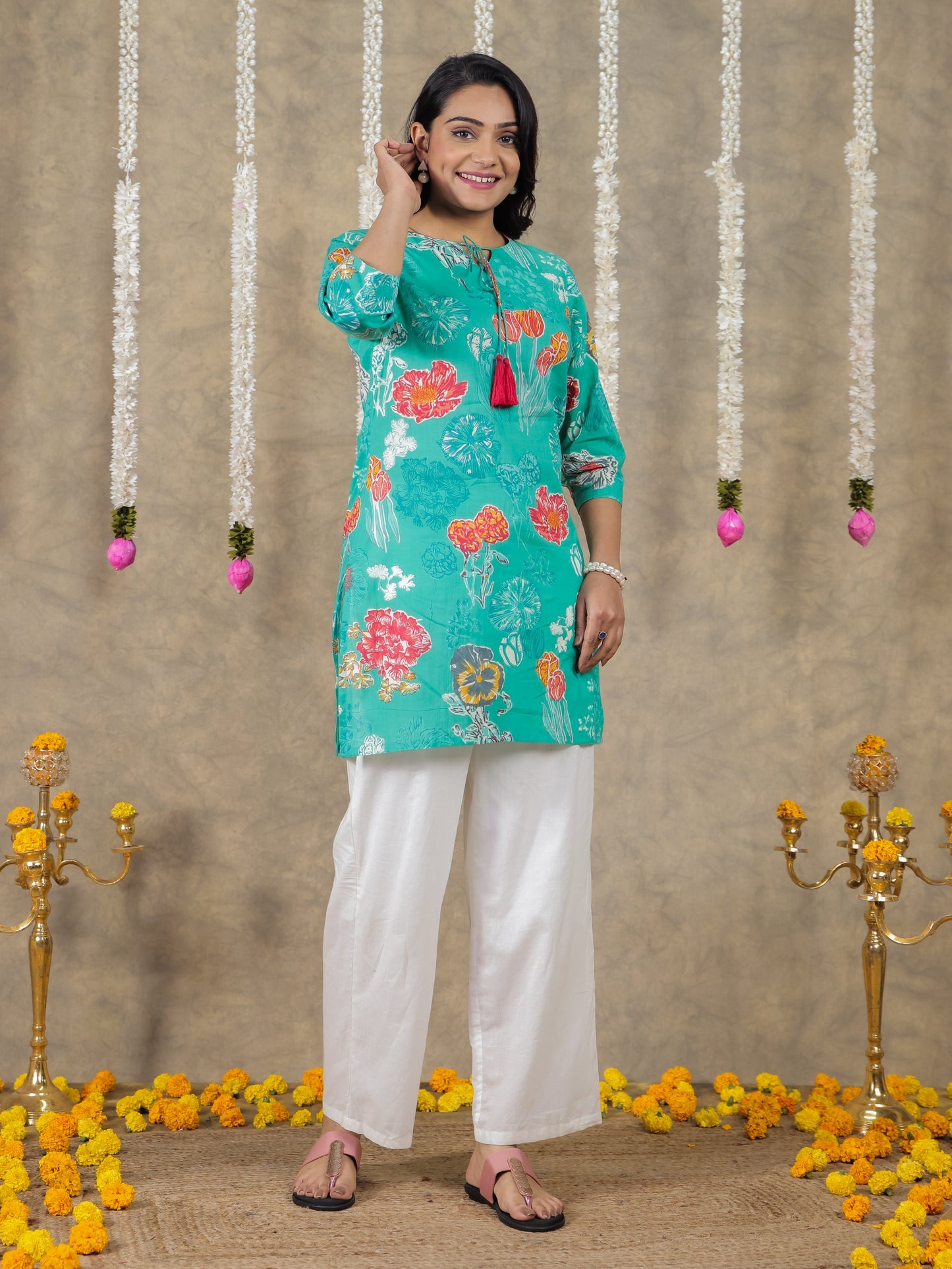 Soft Cotton Floral Straight Green Kurti