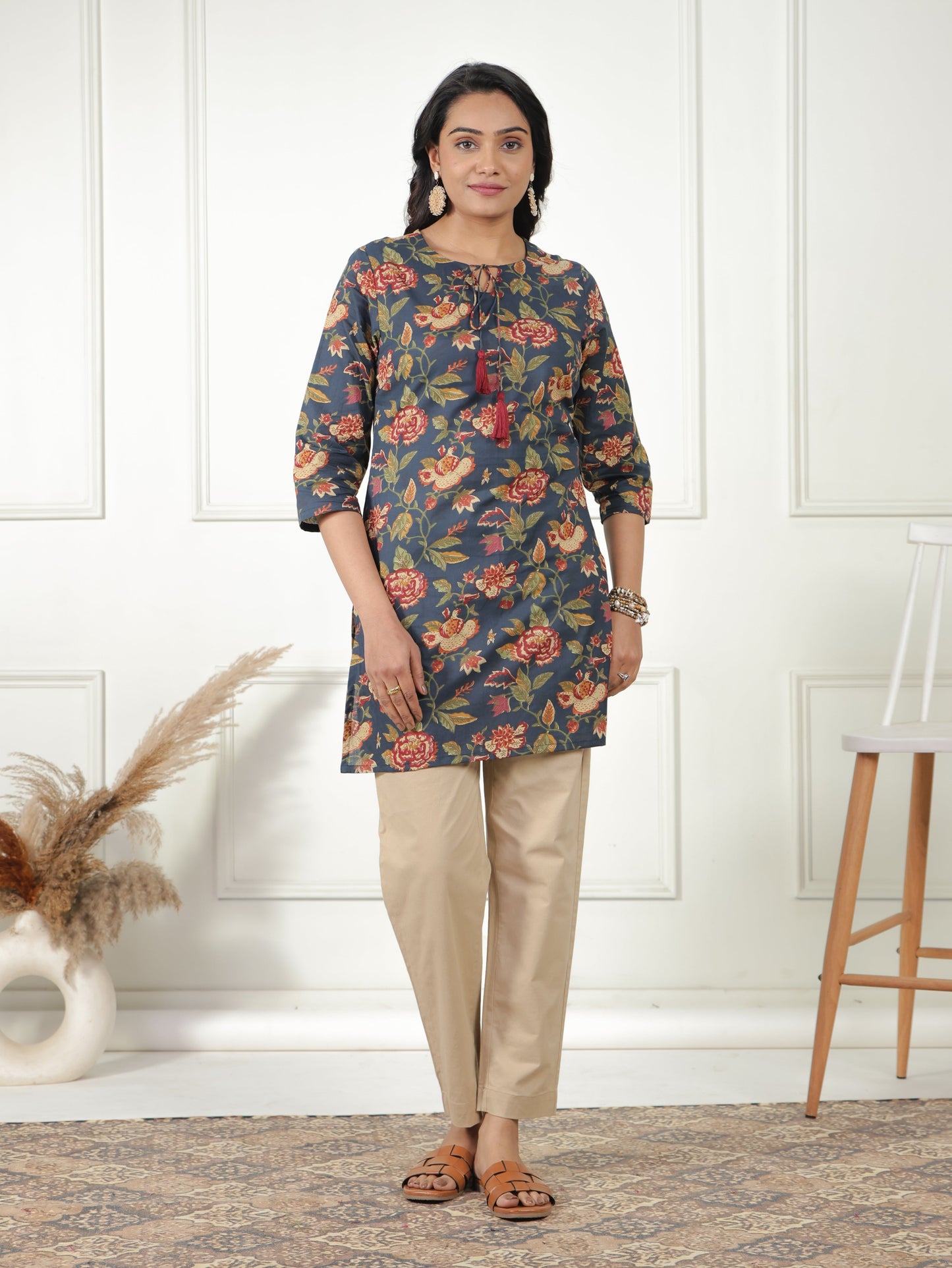 Soft Cotton Floral Straight Navy Blue Kurti