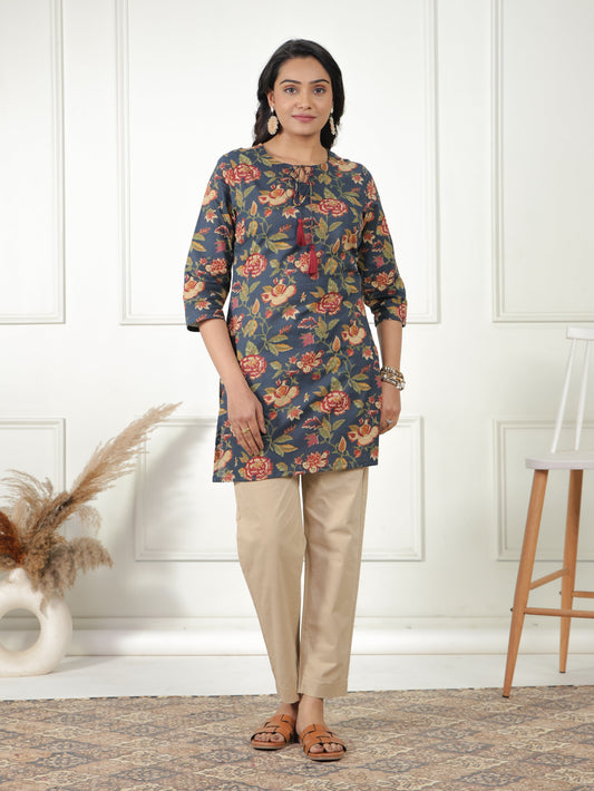 Soft Cotton Floral Straight Navy Blue Kurti