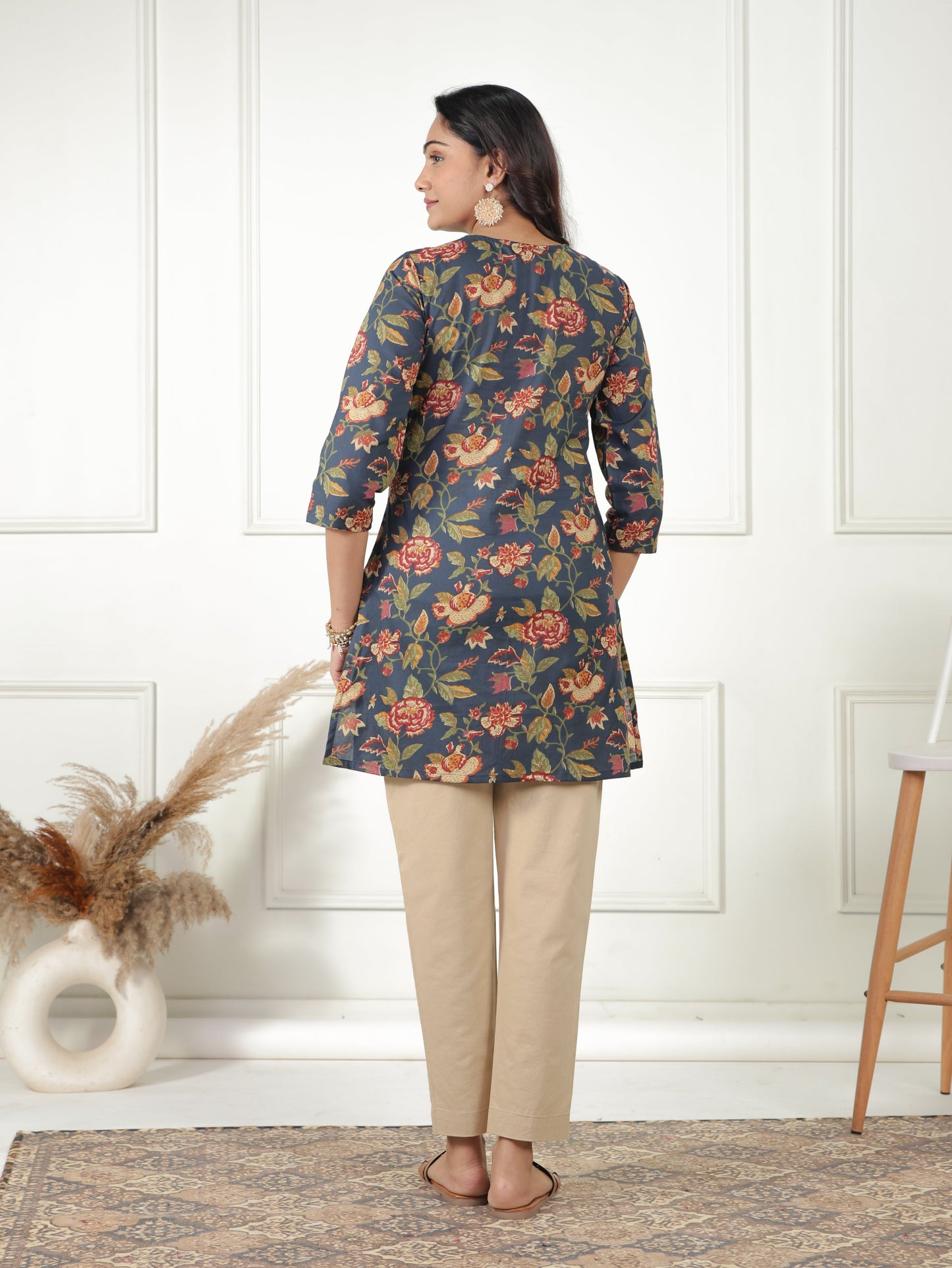 Soft Cotton Floral Straight Navy Blue Kurti