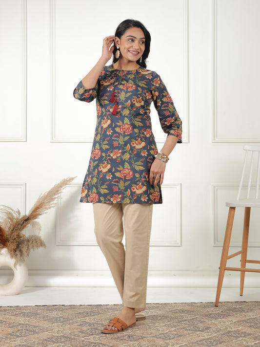 Soft Cotton Floral Straight Navy Blue Kurti