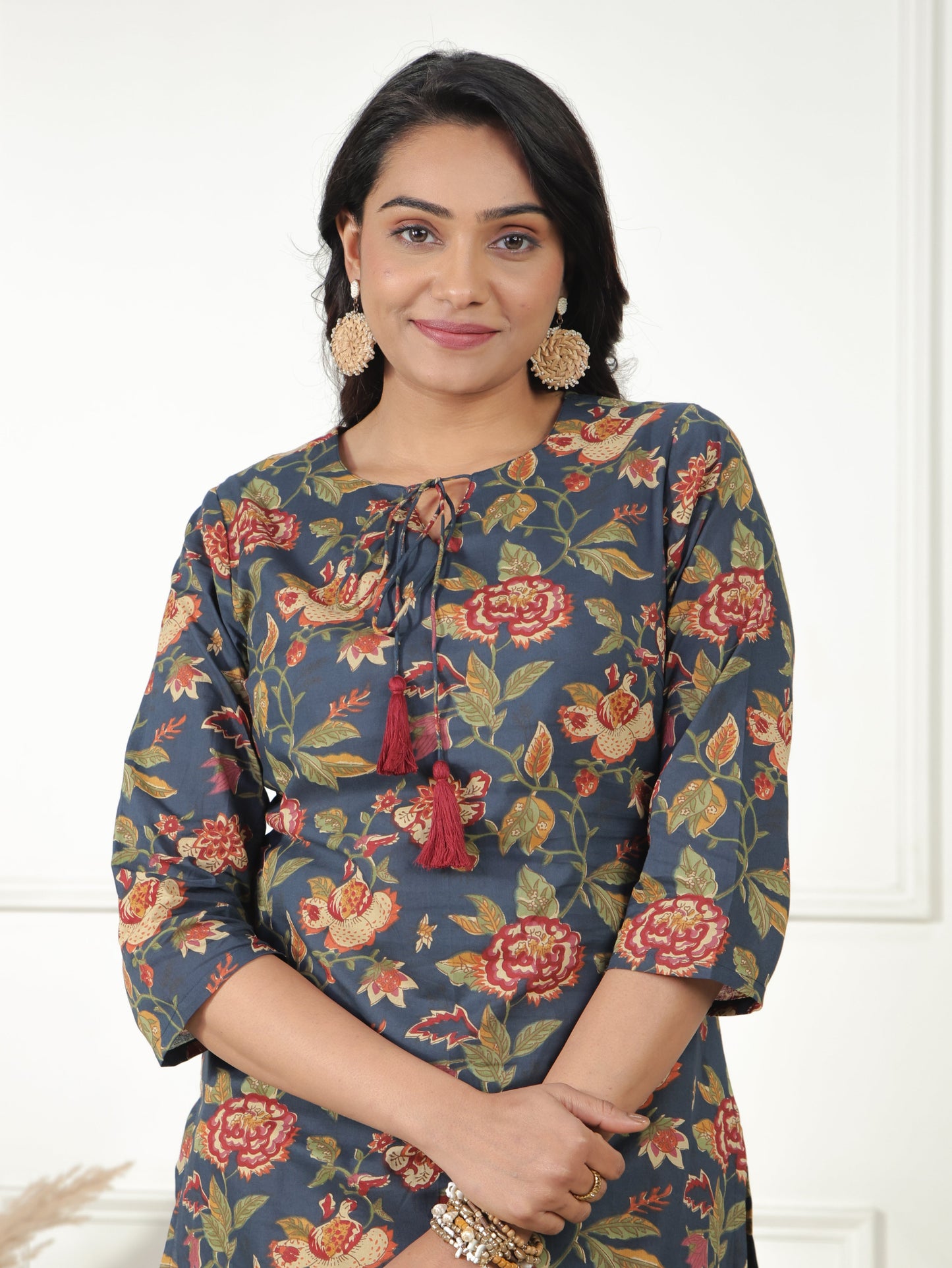 Soft Cotton Floral Straight Navy Blue Kurti