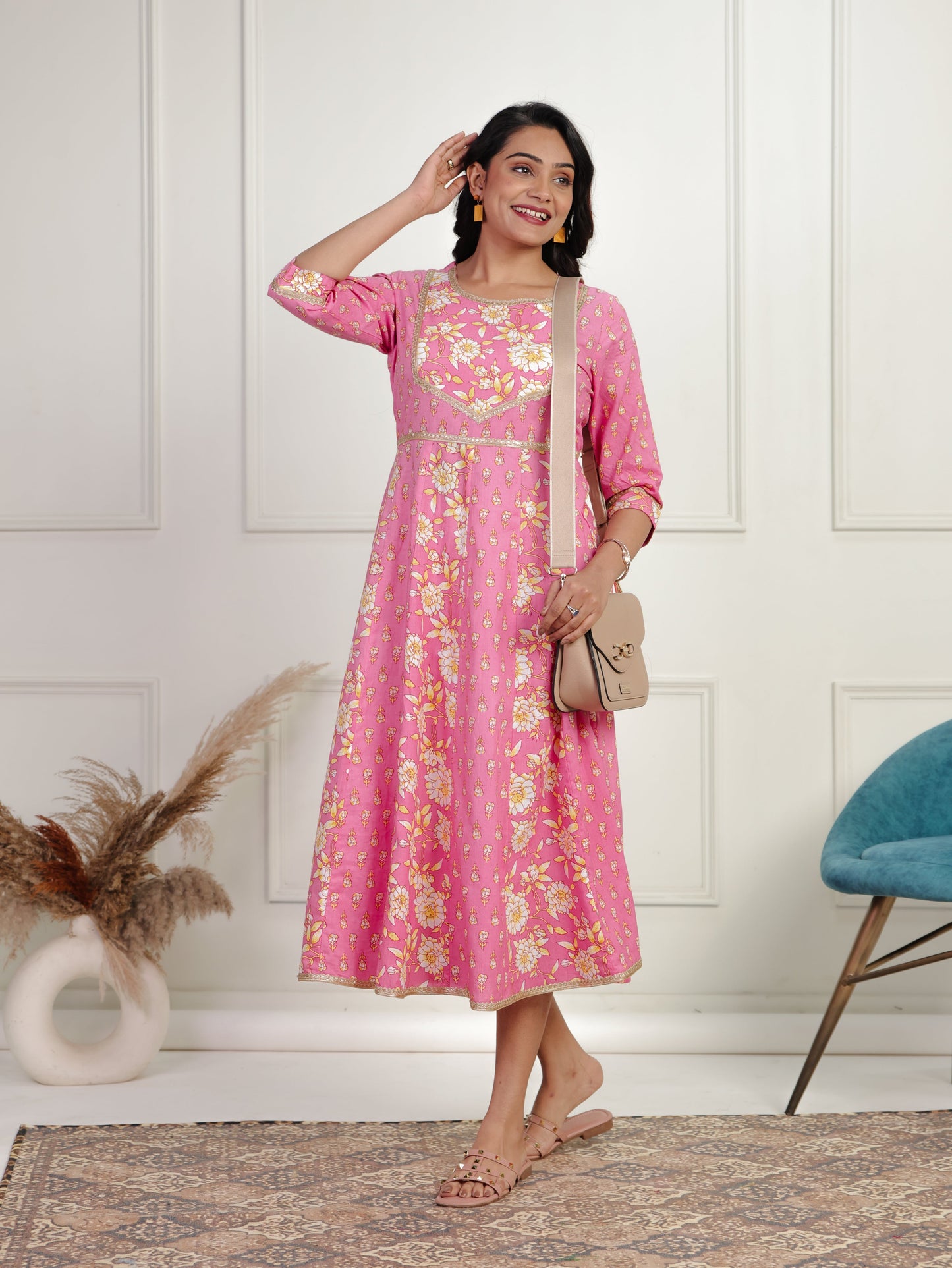 Soft Cotton Floral Anarkali Pink Dress