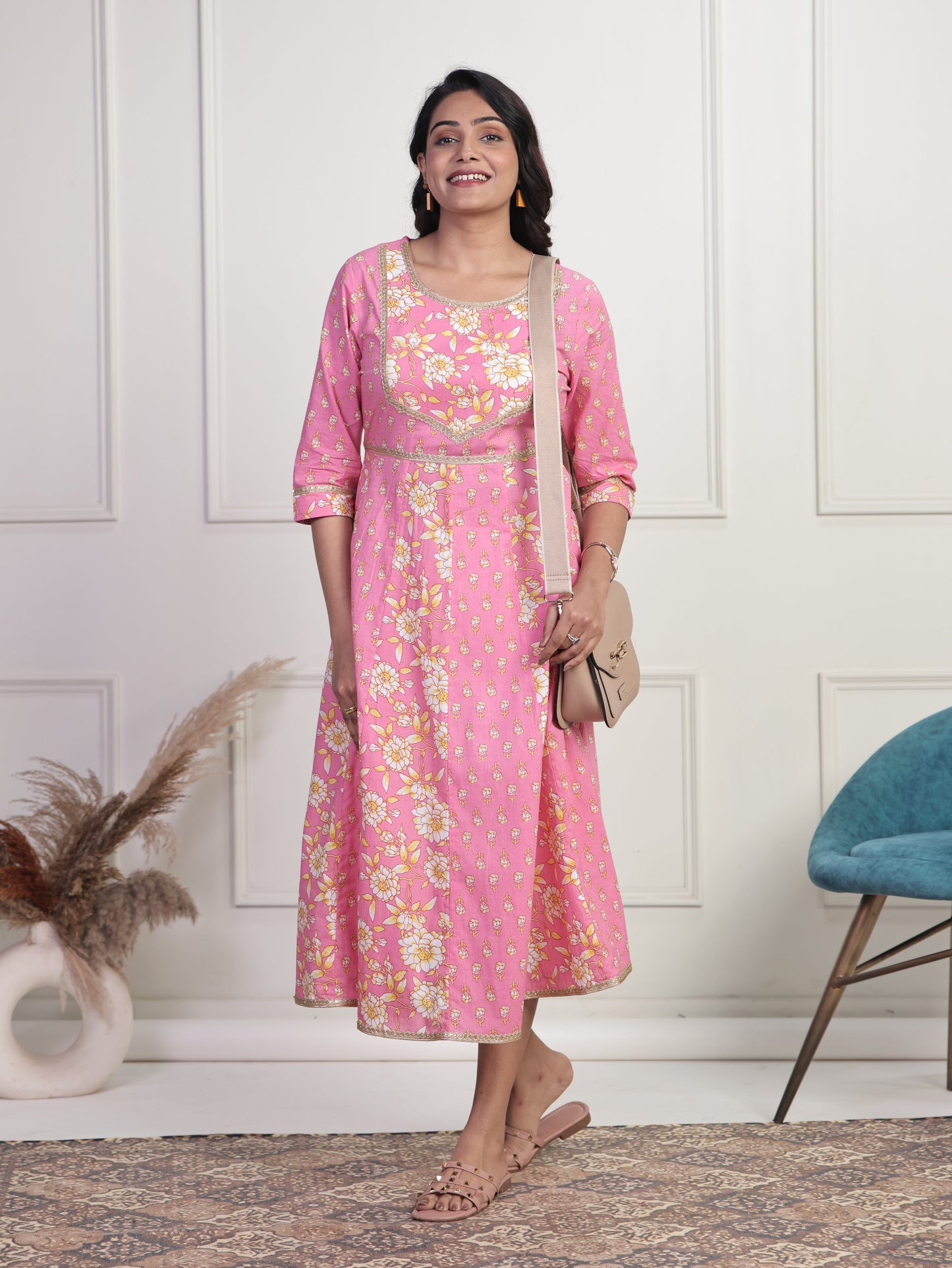 Soft Cotton Floral Anarkali Pink Dress