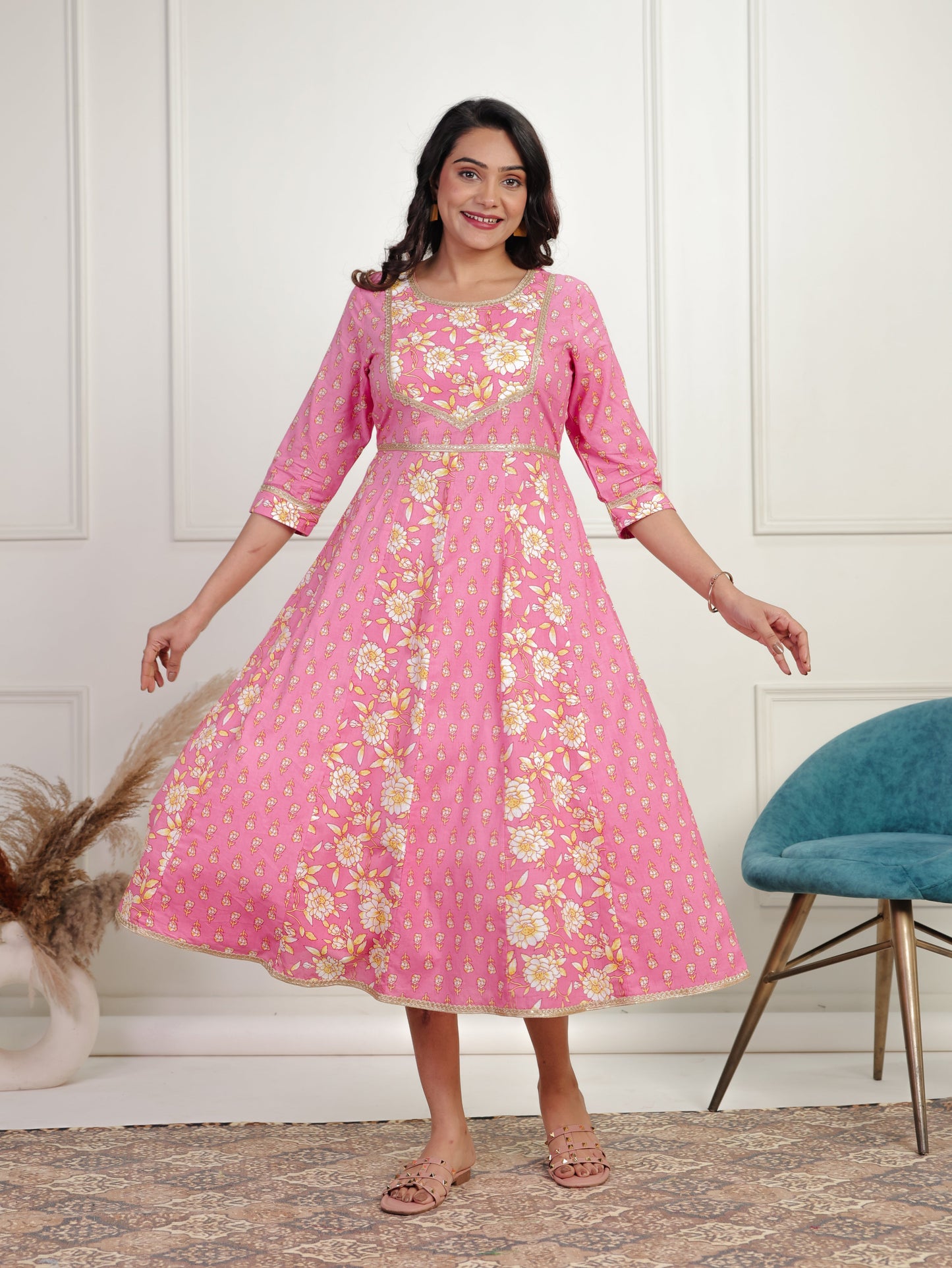 Soft Cotton Floral Anarkali Pink Dress