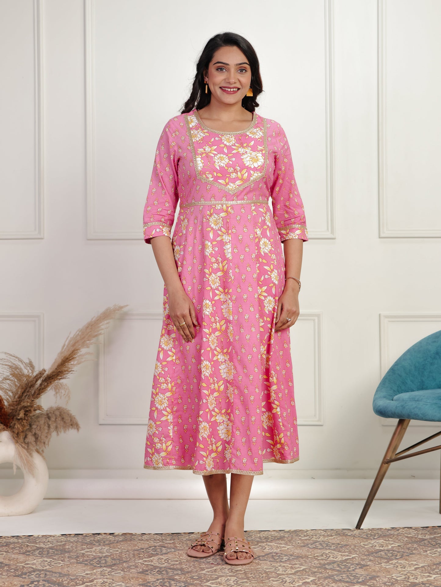 Soft Cotton Floral Anarkali Pink Dress