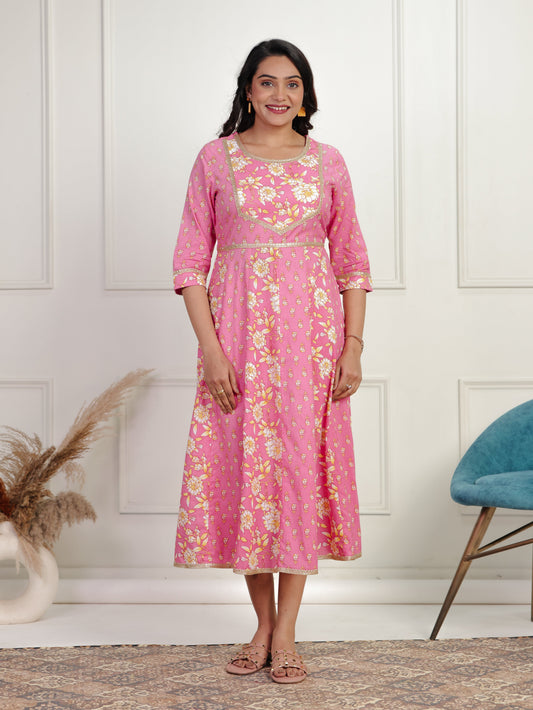 Soft Cotton Floral Anarkali Pink Dress