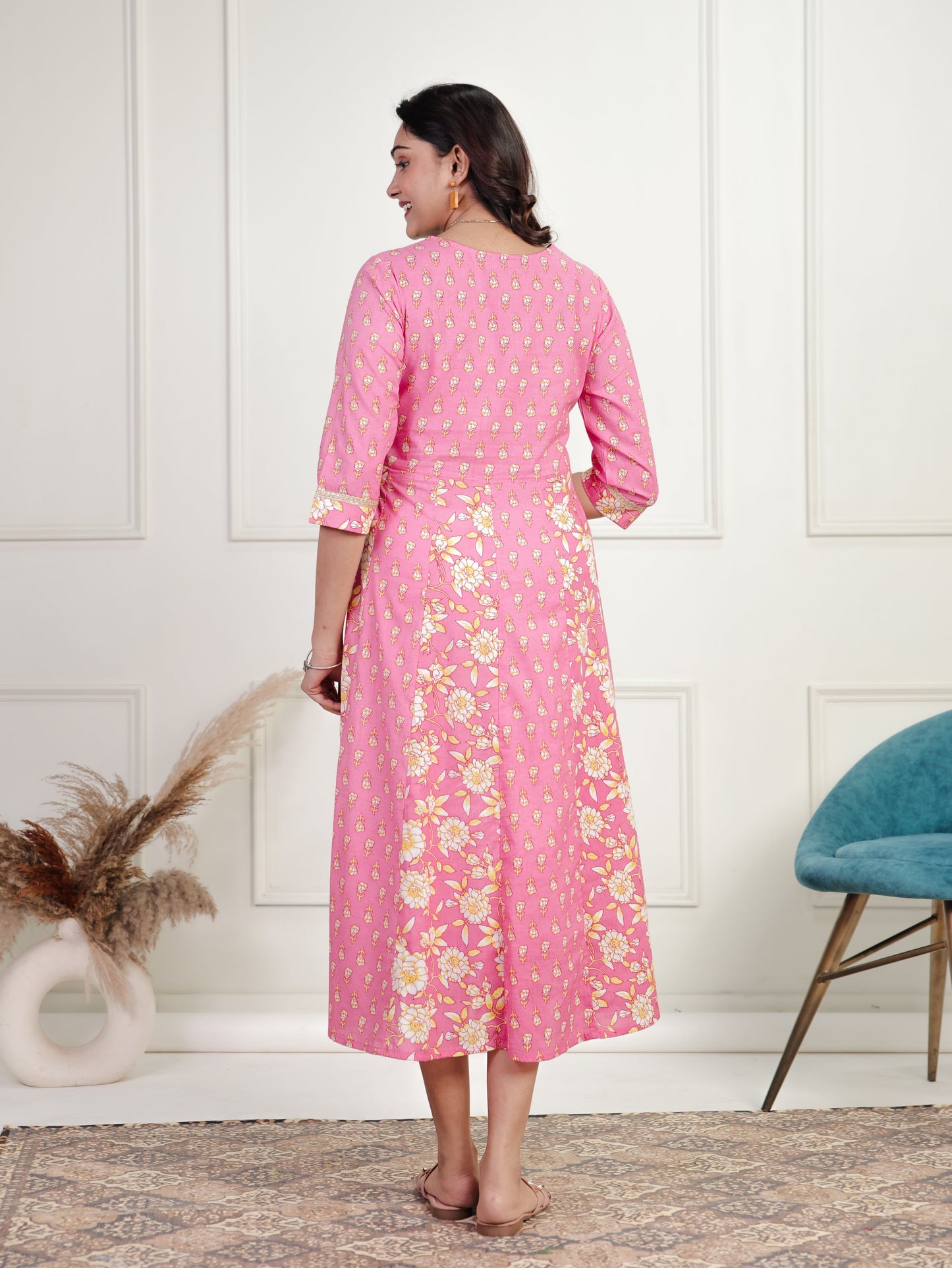 Soft Cotton Floral Anarkali Pink Dress
