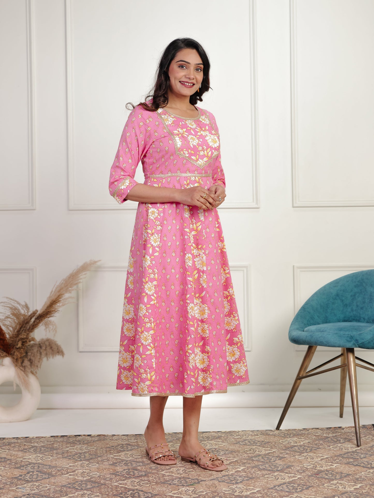 Soft Cotton Floral Anarkali Pink Dress
