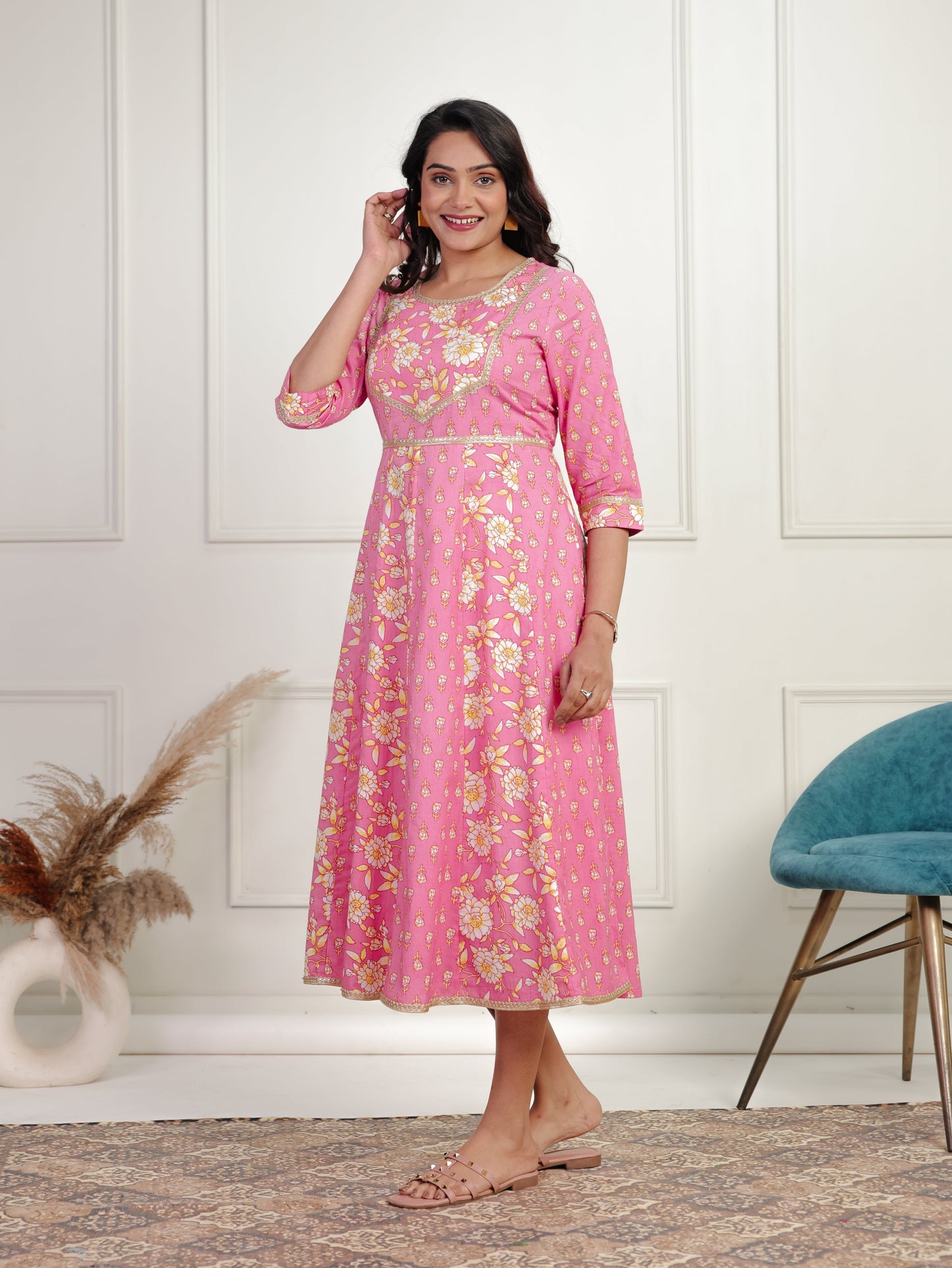 Soft Cotton Floral Anarkali Pink Dress
