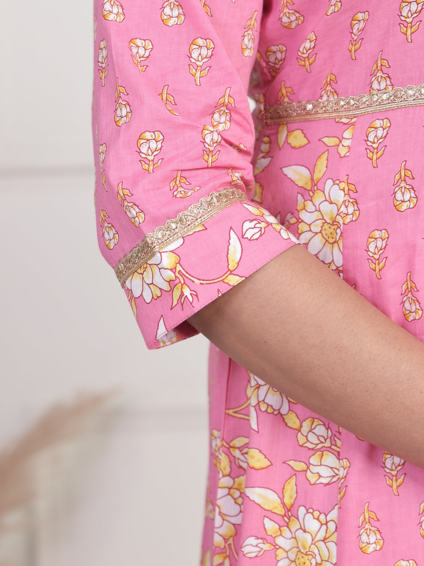 Soft Cotton Floral Anarkali Pink Dress