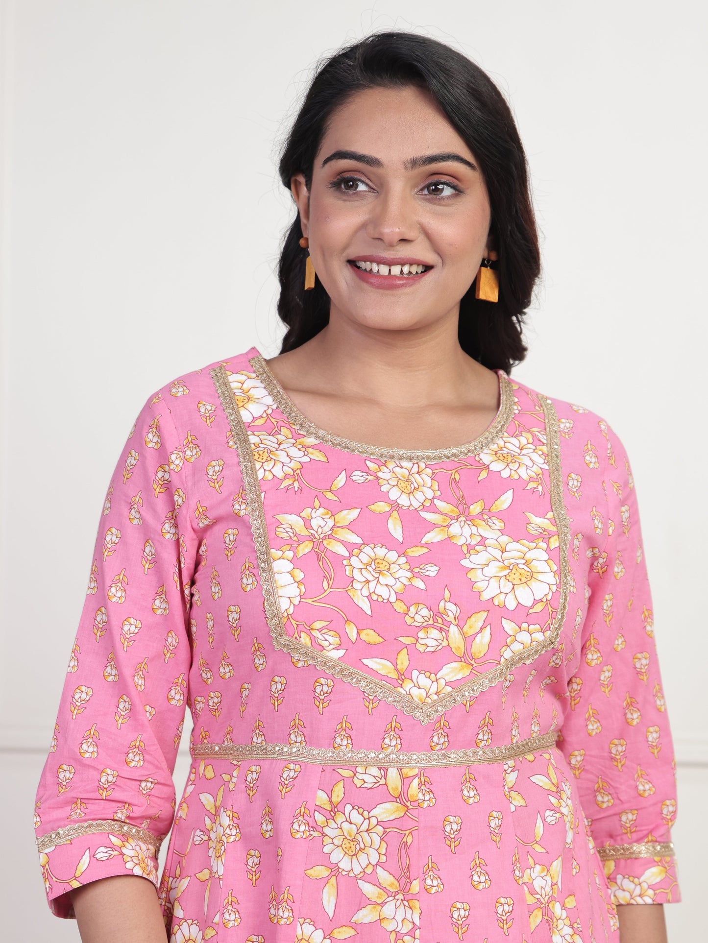 Soft Cotton Floral Anarkali Pink Dress
