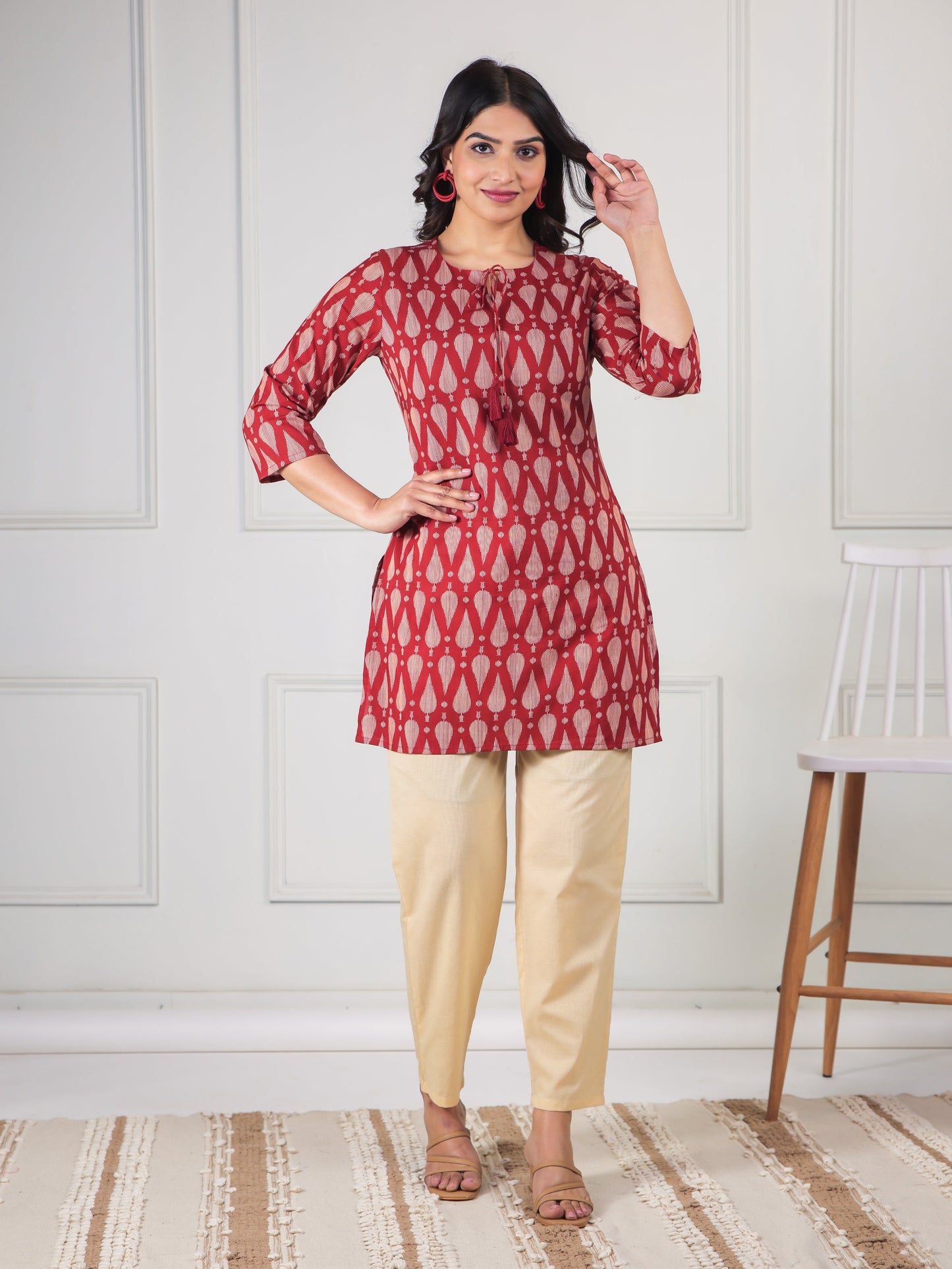 Soft Cotton Geometric Straight Maroon Kurti