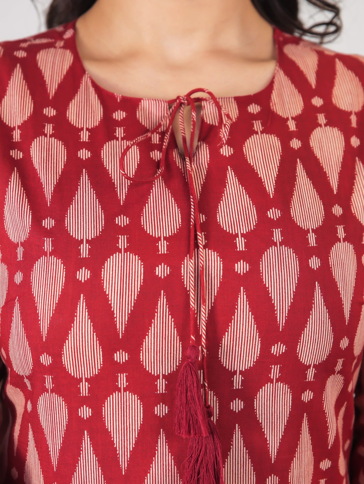Soft Cotton Geometric Straight Maroon Kurti