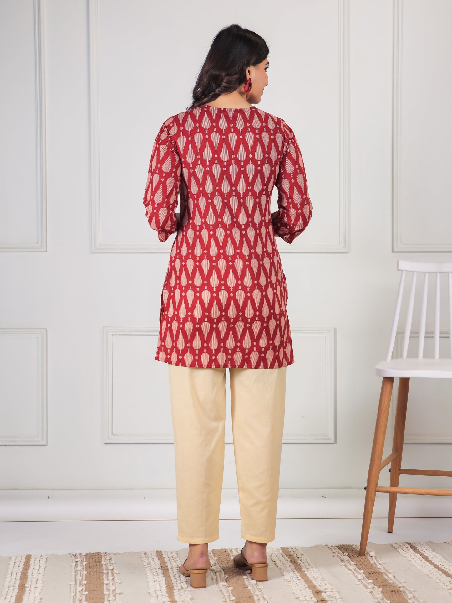 Soft Cotton Geometric Straight Maroon Kurti