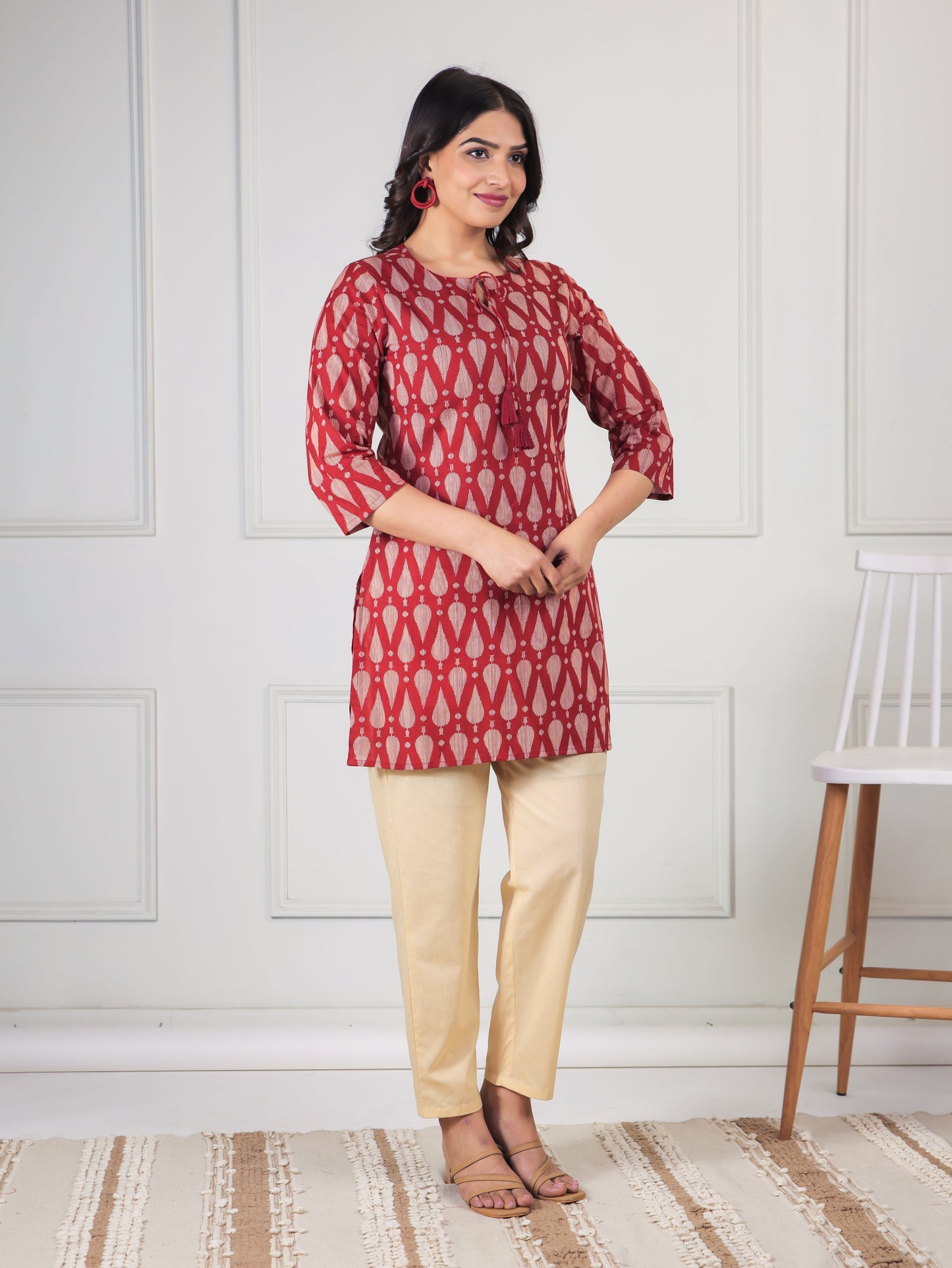Soft Cotton Geometric Straight Maroon Kurti