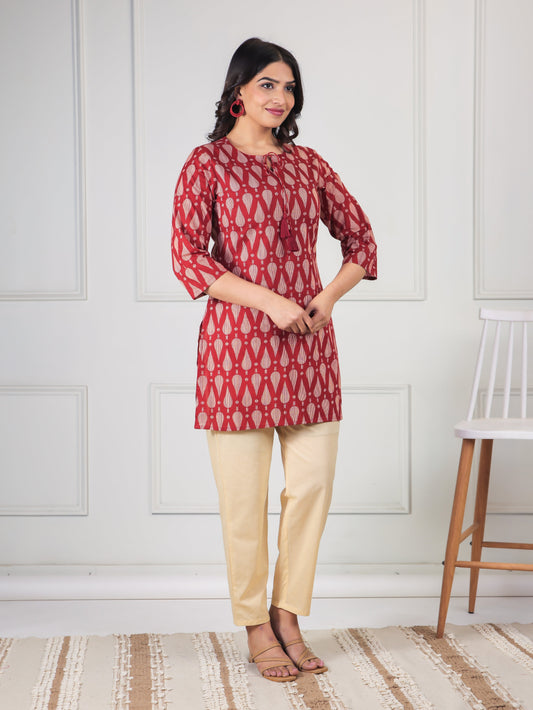 Soft Cotton Geometric Straight Maroon Kurti