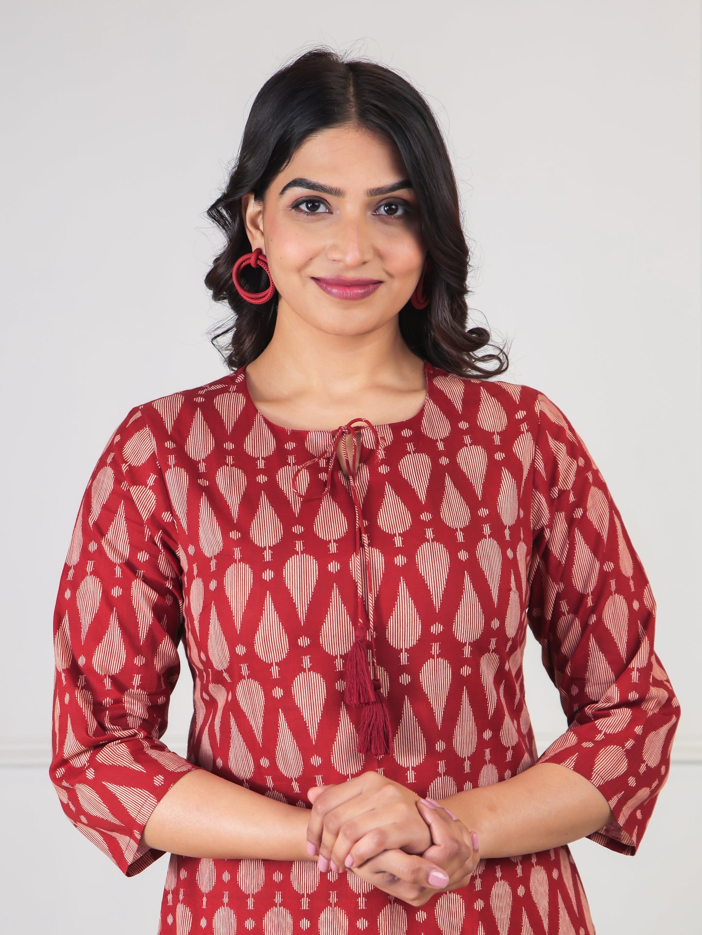 Soft Cotton Geometric Straight Maroon Kurti