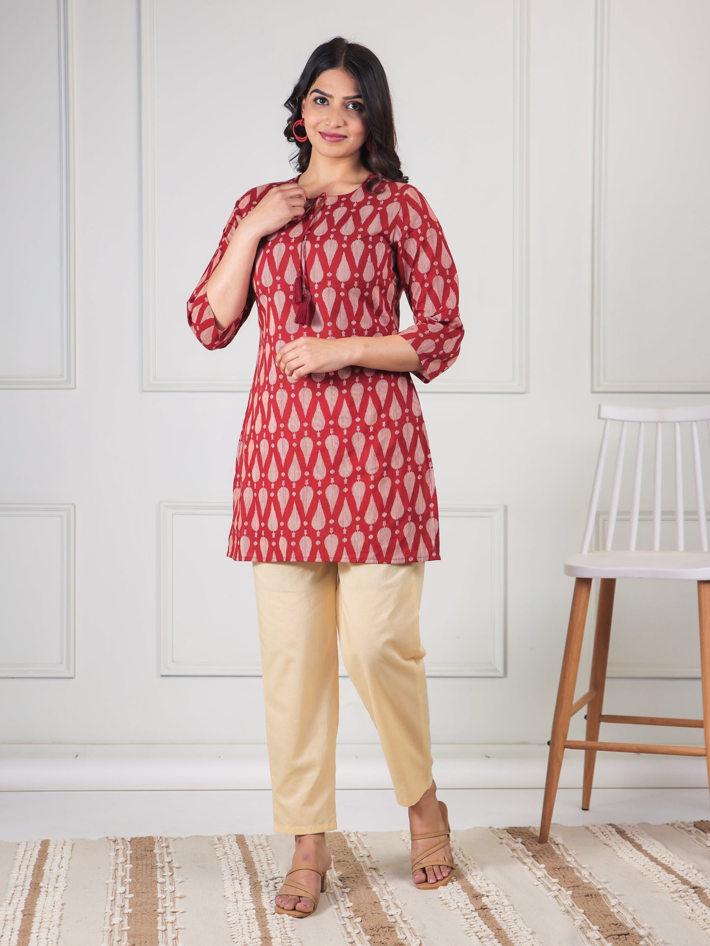 Soft Cotton Geometric Straight Maroon Kurti