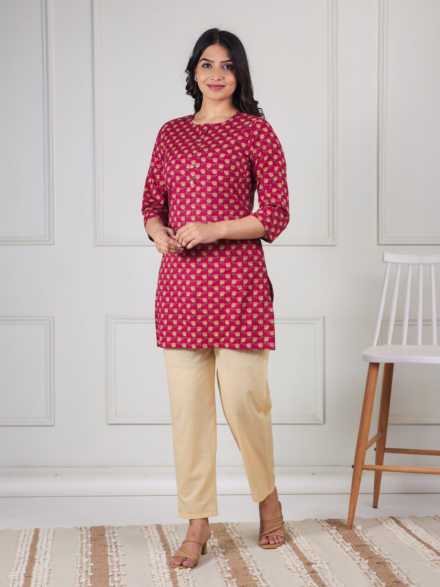 Soft Cotton Floral Straight Pink Kurti