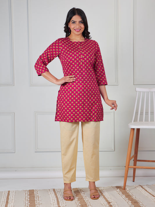 Soft Cotton Floral Straight Pink Kurti