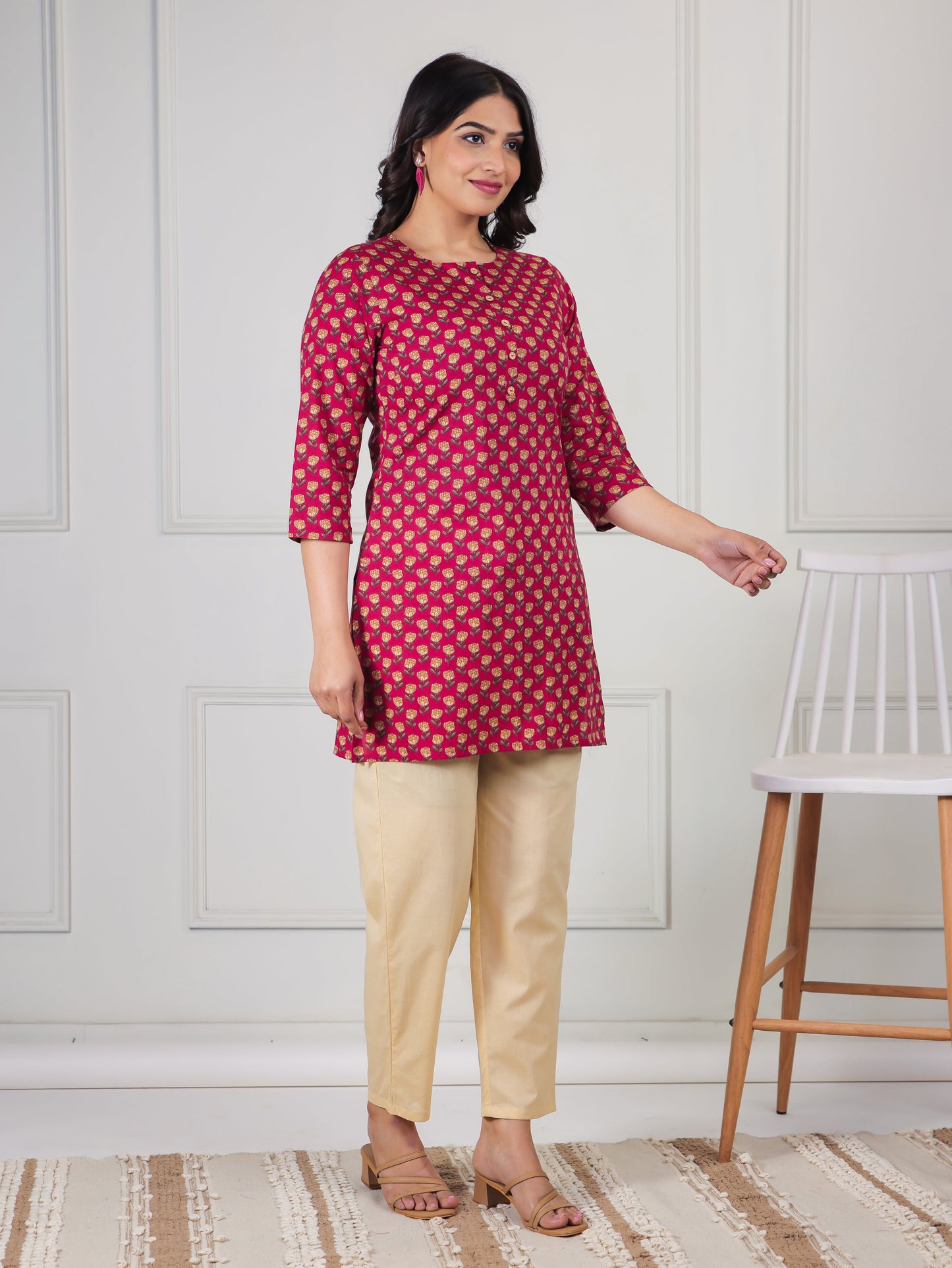 Soft Cotton Floral Straight Pink Kurti